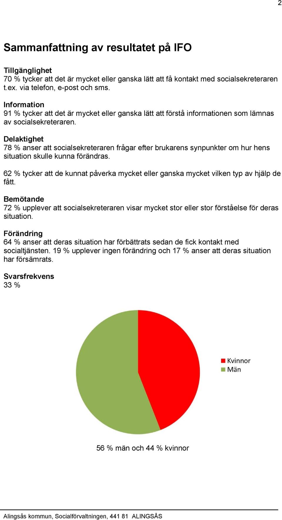 Delaktighet 78 % anser att socialsekreteraren frågar efter brukarens synpunkter om hur hens situation skulle kunna förändras.