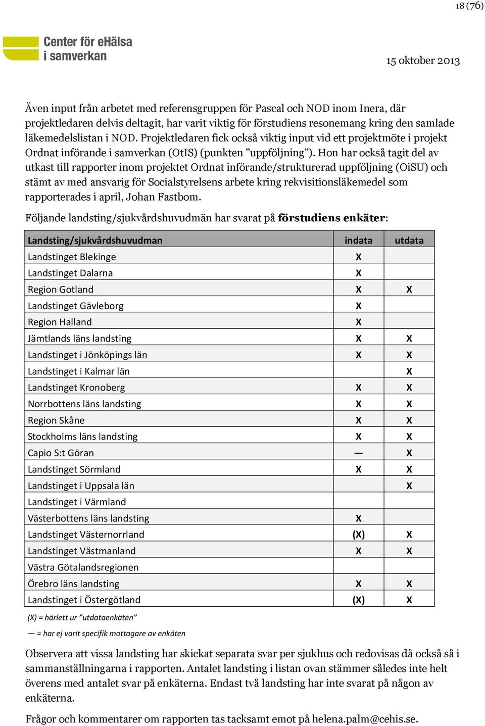Hon har också tagit del av utkast till rapporter inom projektet Ordnat införande/strukturerad uppföljning (OiSU) och stämt av med ansvarig för Socialstyrelsens arbete kring rekvisitionsläkemedel som