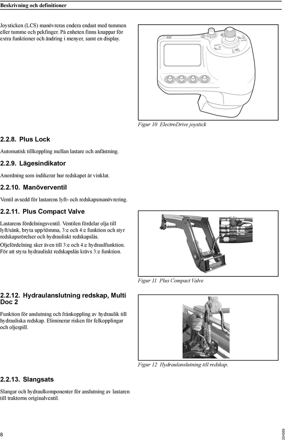 2.2.11. Plus Compact Valve Lastarens fördelningsventil. Ventilen fördelar olja till lyft/sänk, bryta upp/tömma, 3:e och 4:e funktion och styr redskapsrörelser och hydrauliskt redskapslås.