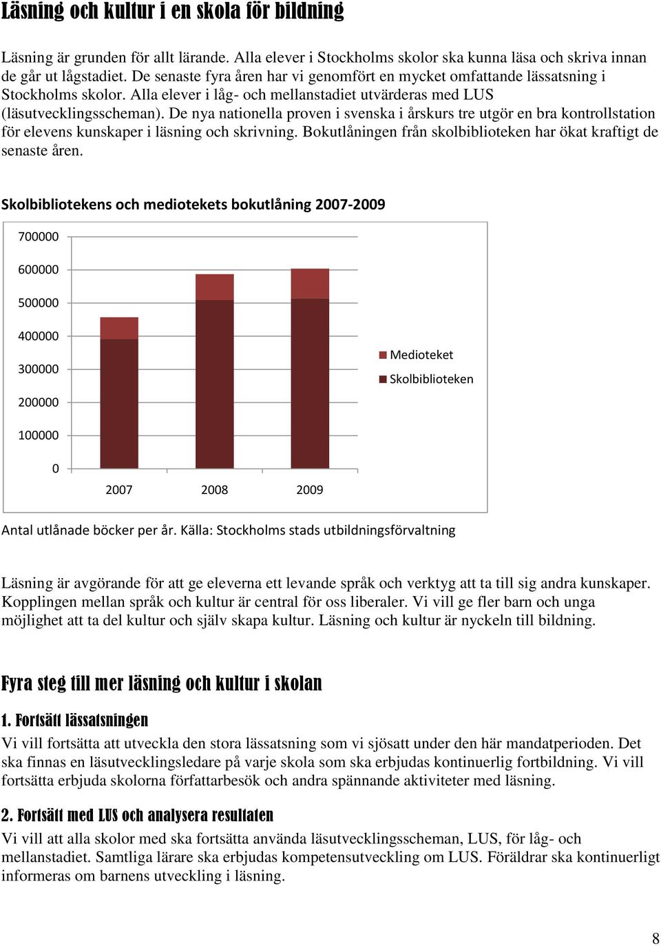 De nya nationella proven i svenska i årskurs tre utgör en bra kontrollstation för elevens kunskaper i läsning och skrivning. Bokutlåningen från skolbiblioteken har ökat kraftigt de senaste åren.
