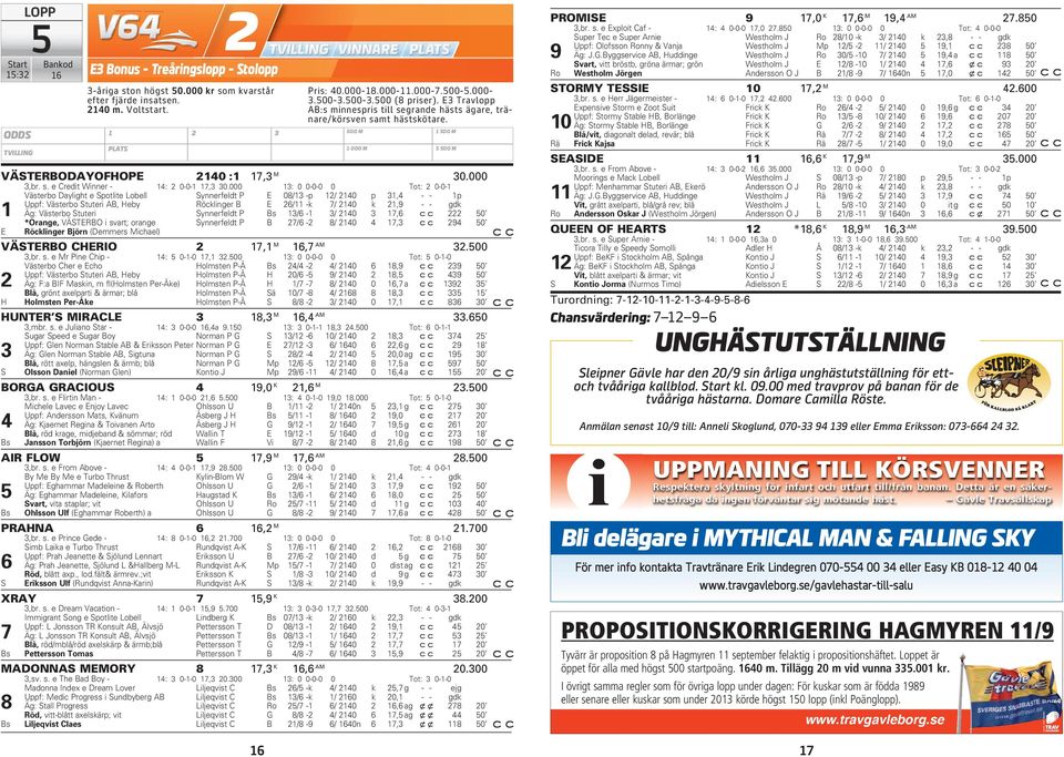 Västerbo Stuteri Synnerfeldt P Bs 13/6-1 3/ 140 3 17,6 50 E E3 Bonus - Treåringslopp - Stolopp 3-åriga ston högst 50.000 kr som kvarstår efter fjärde insatsen. 140 m. Voltstart. Pris: 40.000-18.