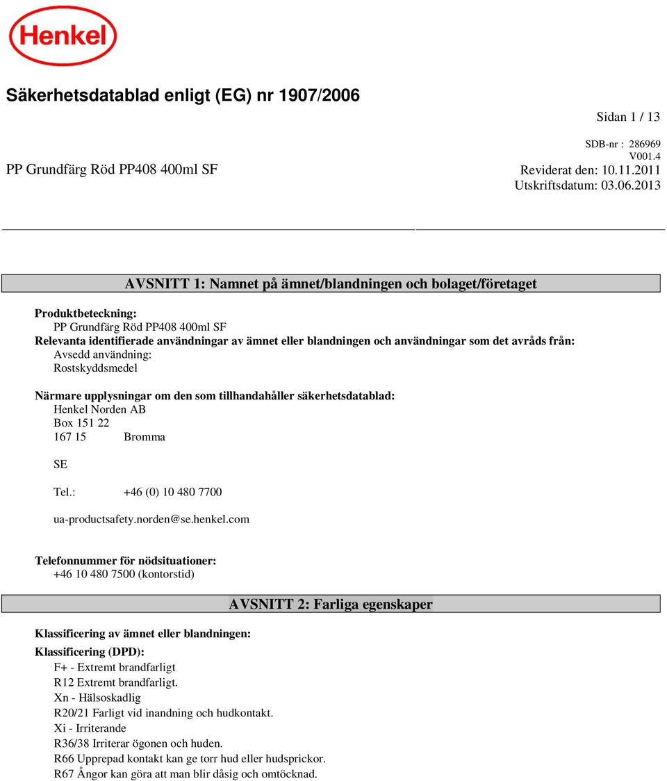 2013 AVSNITT 1: Namnet på ämnet/blandningen och bolaget/företaget Produktbeteckning: PP Grundfärg Röd PP408 400ml SF Relevanta identifierade användningar av ämnet eller blandningen och användningar