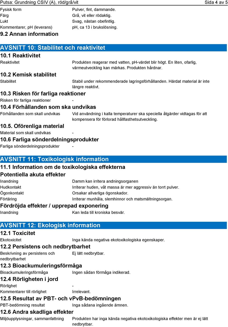 4 Förhållanden som ska undvikas Förhållanden som skall undvikas 10.5. Oförenliga material Material som skall undvikas - 10.