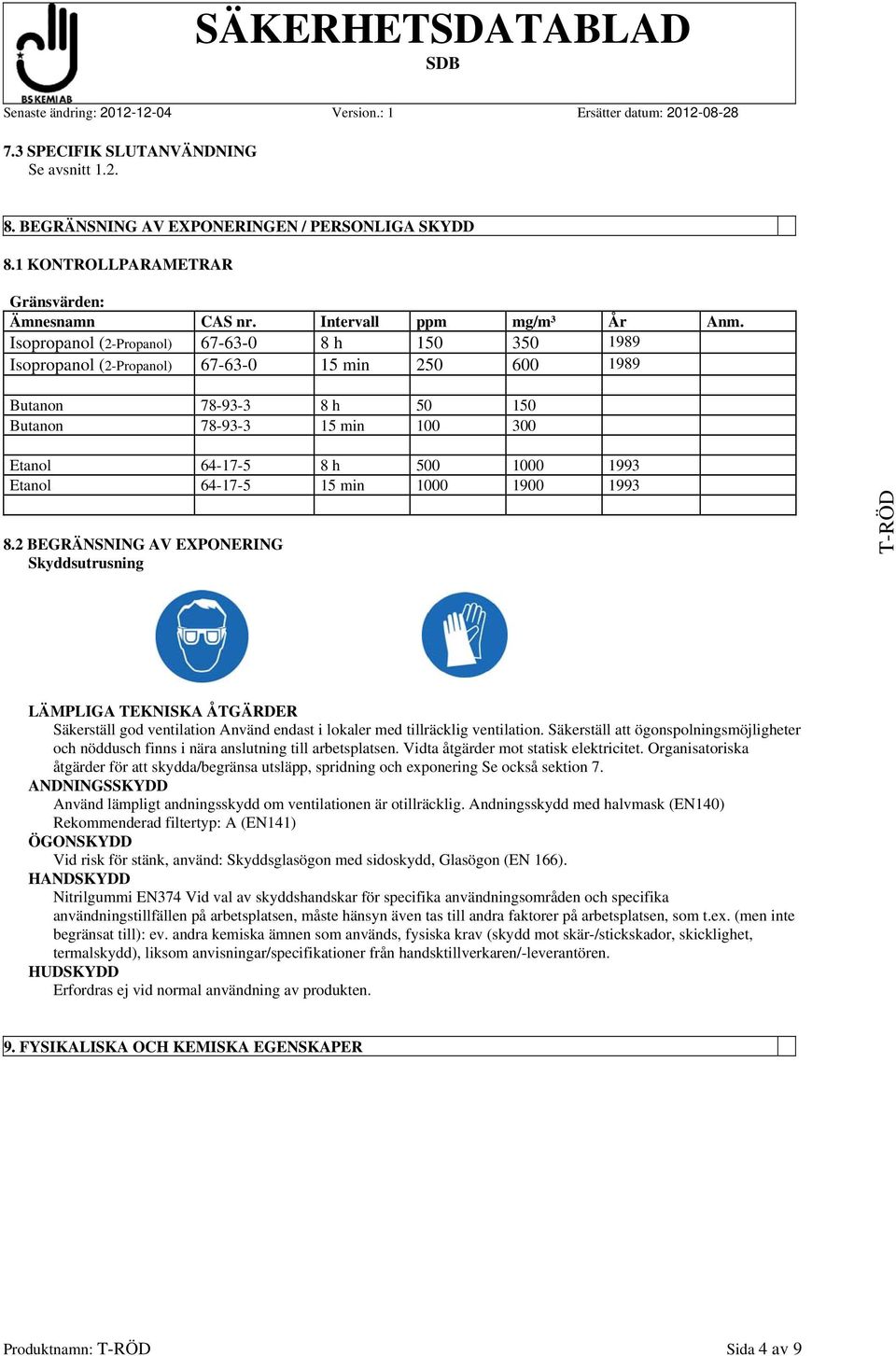 Etanol 64-17-5 15 min 1000 1900 1993 8.2 BEGRÄNSNING AV EXPONERING Skyddsutrusning LÄMPLIGA TEKNISKA ÅTGÄRDER Säkerställ god ventilation Använd endast i lokaler med tillräcklig ventilation.