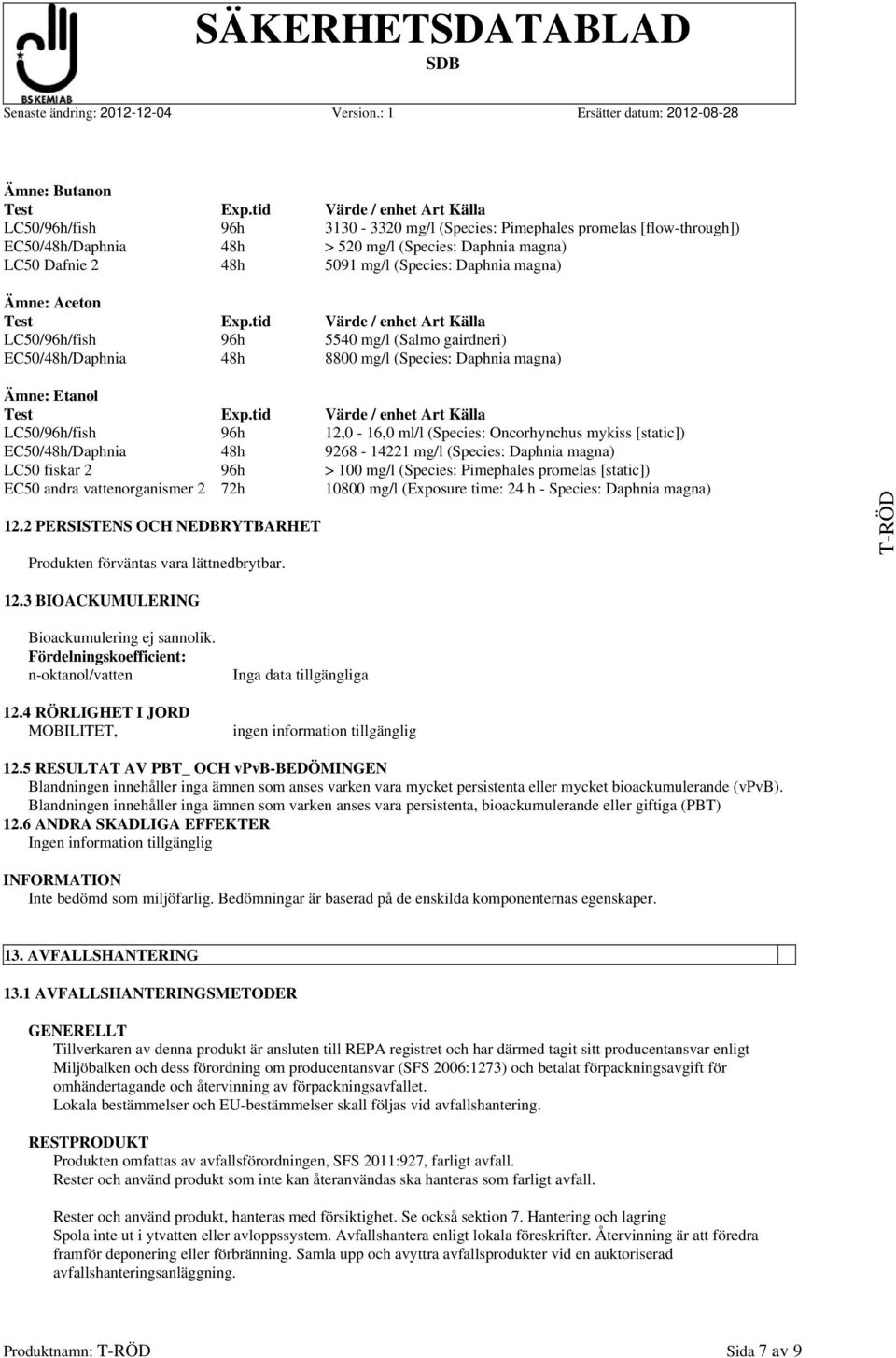 (Species: Daphnia magna) Ämne: Aceton Test Exp.tid Värde / enhet Art Källa LC50/96h/fish 96h 5540 mg/l (Salmo gairdneri) EC50/48h/Daphnia 48h 8800 mg/l (Species: Daphnia magna) Ämne: Etanol Test Exp.