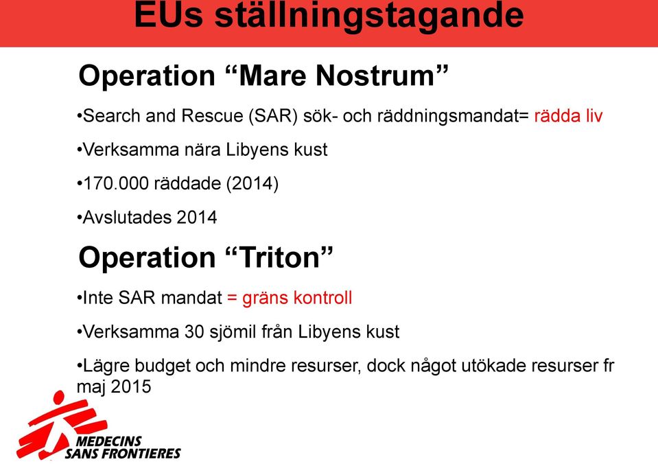 000 räddade (2014) Avslutades 2014 Operation Triton Inte SAR mandat = gräns