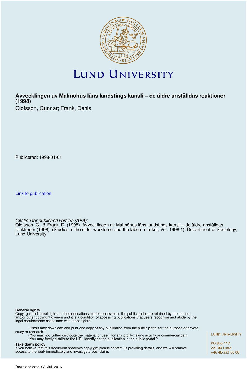 Department of Sociology, Lund University.