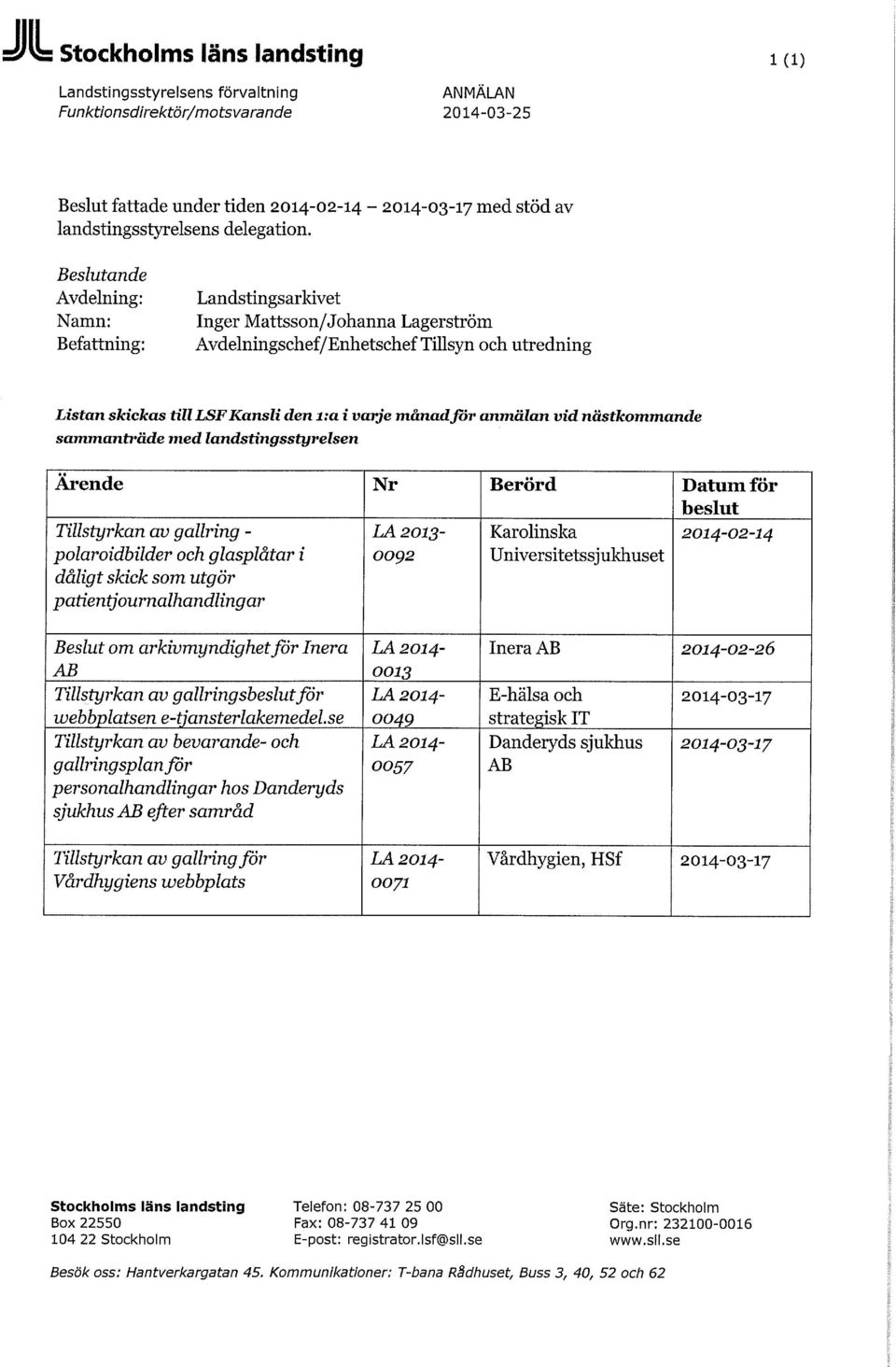 Landstingsarkivet Inger Mattsson/Johanna Lagerström Avdelningschef/Enhetschef Tillsyn och utredning Listan skickas till LSF Kansli den i:a i varje månadför anmälan vid nästkommande sammanträde med