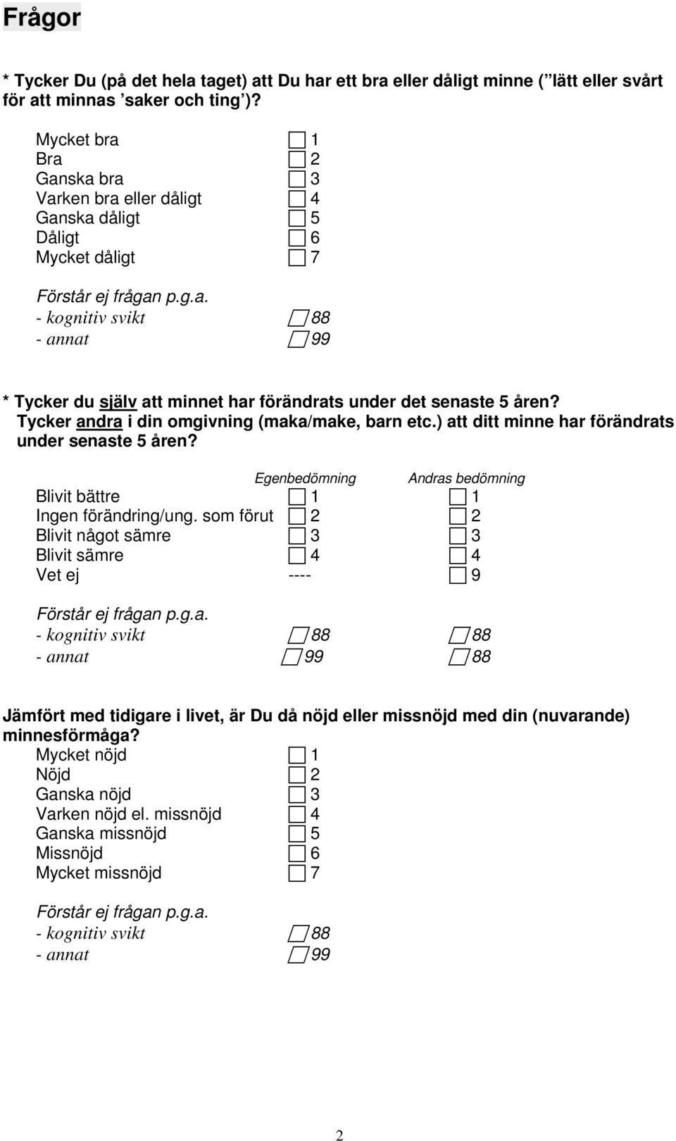 Tycker andra i din omgivning (maka/make, barn etc.) att ditt minne har förändrats under senaste 5 åren? Egenbedömning Andras bedömning Blivit bättre 1 1 Ingen förändring/ung.