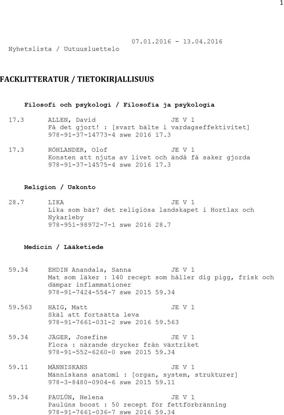 3 Religion / Uskonto 28.7 LIKA JE V 1 Lika som bär? det religiösa landskapet i Hortlax och Nykarleby 978-951-98972-7-1 swe 2016 28.7 Medicin / Lääketiede 59.