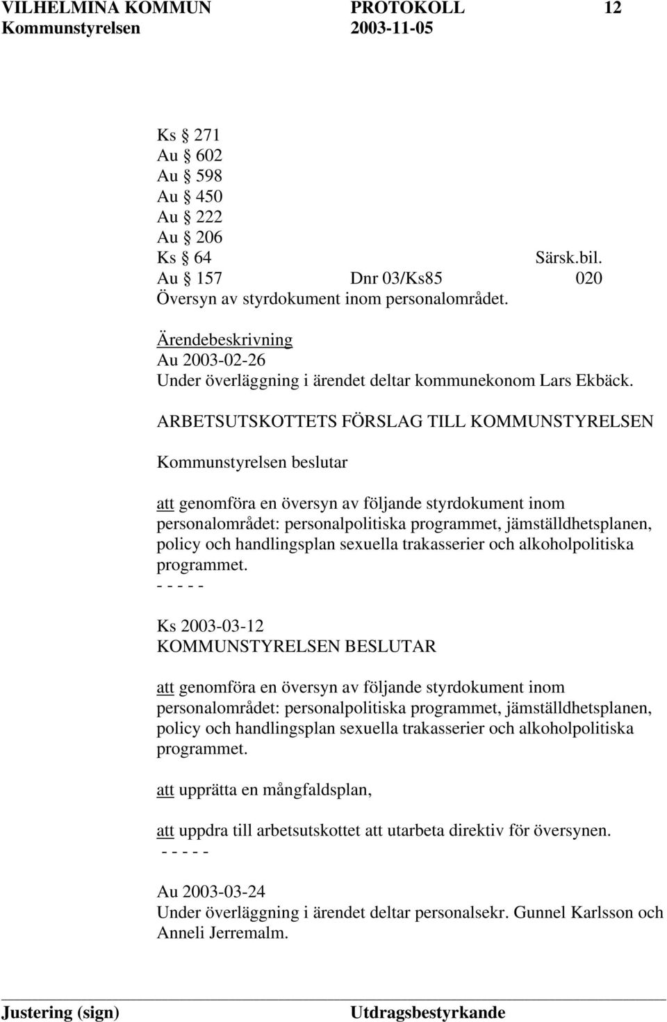 ARBETSUTSKOTTETS FÖRSLAG TILL KOMMUNSTYRELSEN Kommunstyrelsen beslutar att genomföra en översyn av följande styrdokument inom personalområdet: personalpolitiska programmet, jämställdhetsplanen,