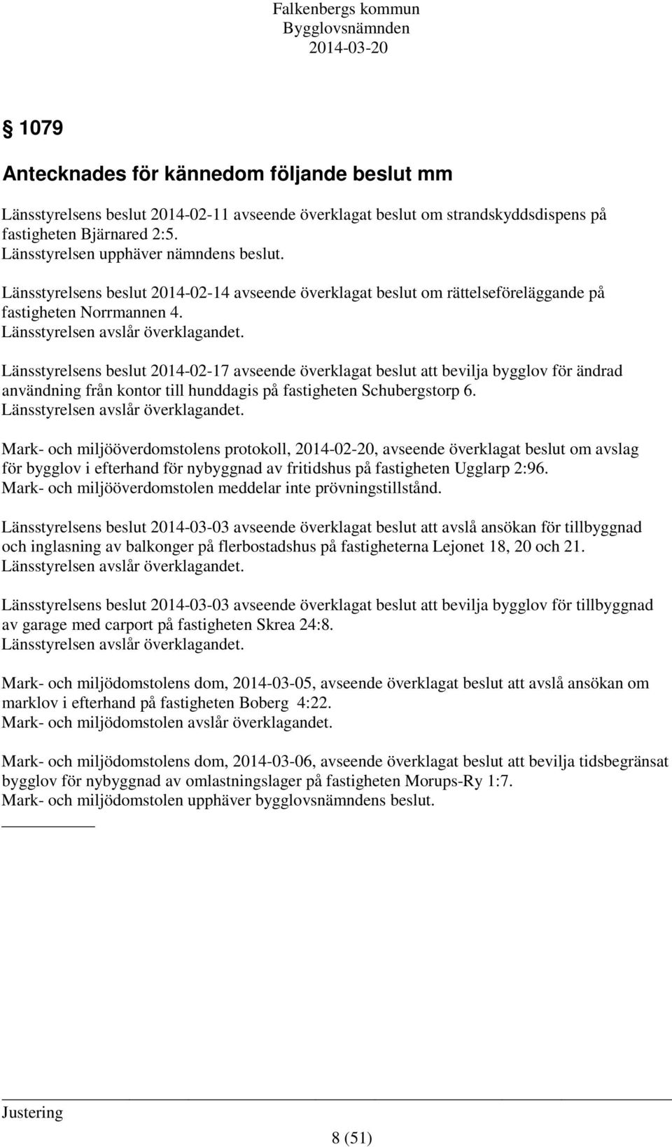 Länsstyrelsens beslut 2014-02-17 avseende överklagat beslut att bevilja bygglov för ändrad användning från kontor till hunddagis på fastigheten Schubergstorp 6. Länsstyrelsen avslår överklagandet.
