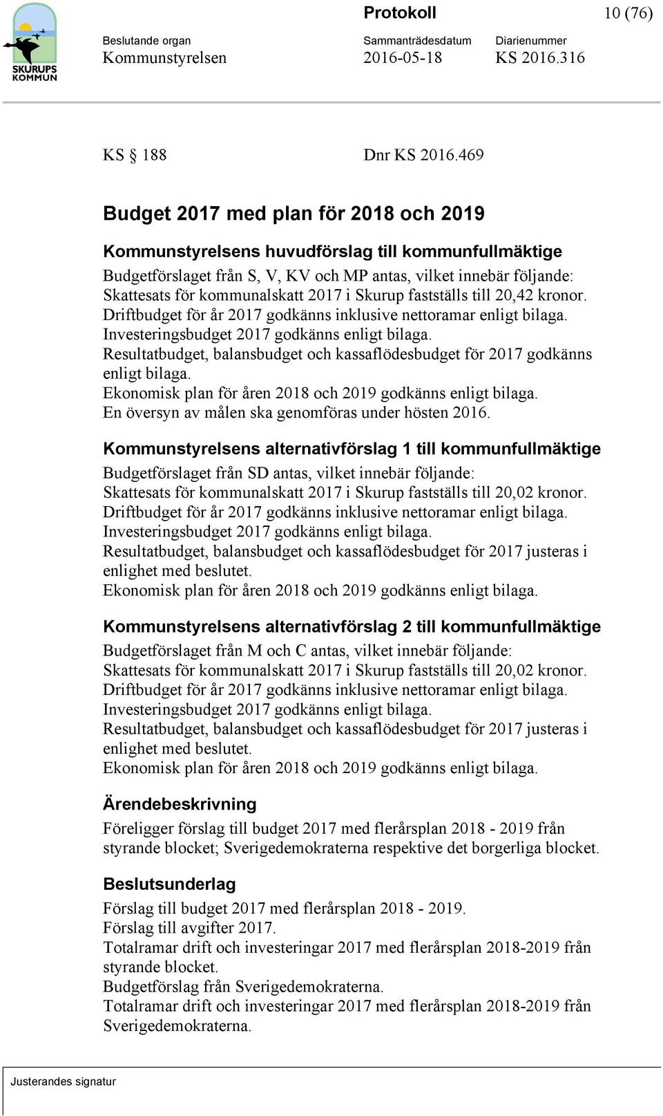 i Skurup fastställs till 20,42 kronor. Driftbudget för år 2017 godkänns inklusive nettoramar enligt bilaga. Investeringsbudget 2017 godkänns enligt bilaga.