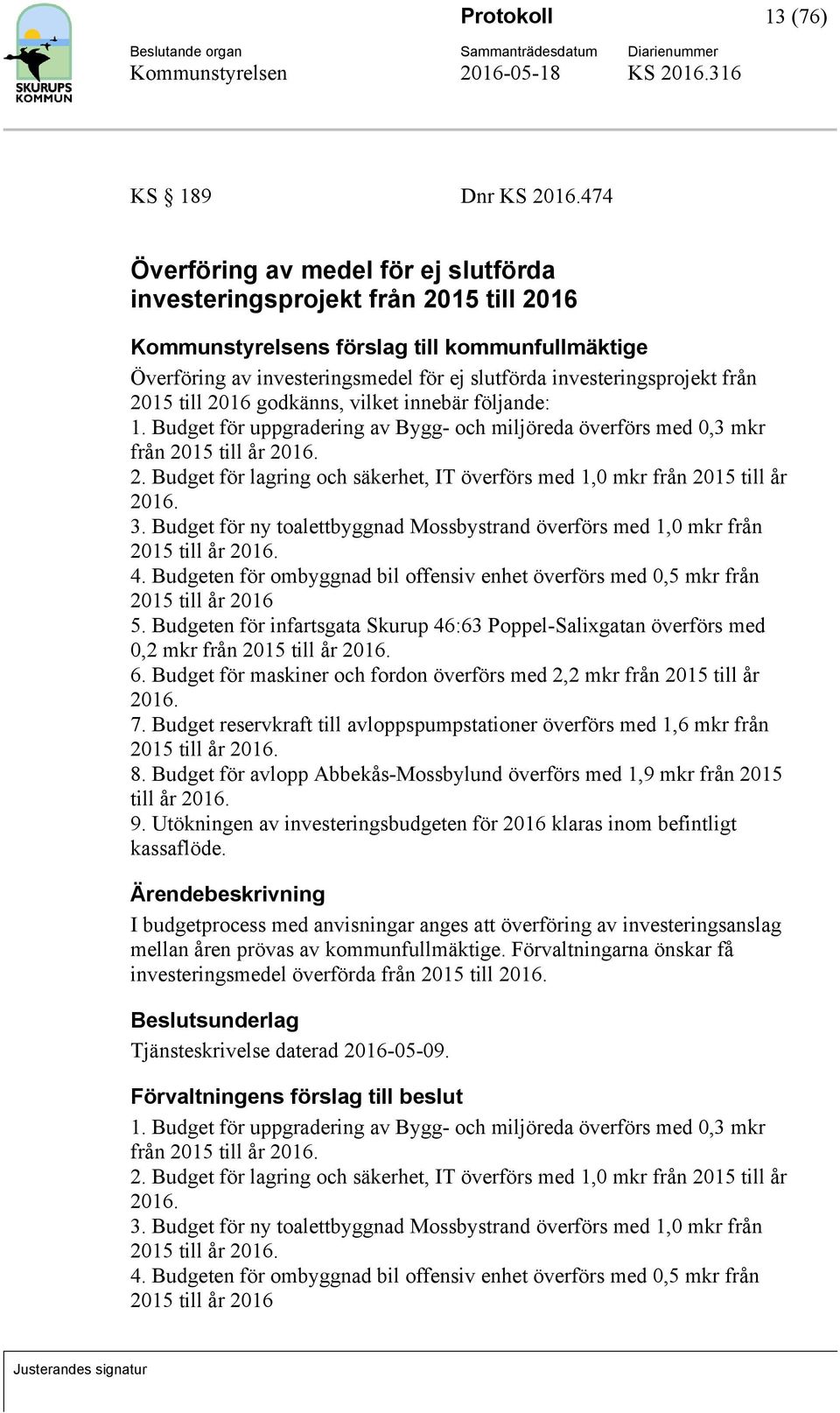 från 2015 till 2016 godkänns, vilket innebär följande: 1. Budget för uppgradering av Bygg- och miljöreda överförs med 0,3 mkr från 2015 till år 2016. 2. Budget för lagring och säkerhet, IT överförs med 1,0 mkr från 2015 till år 2016.