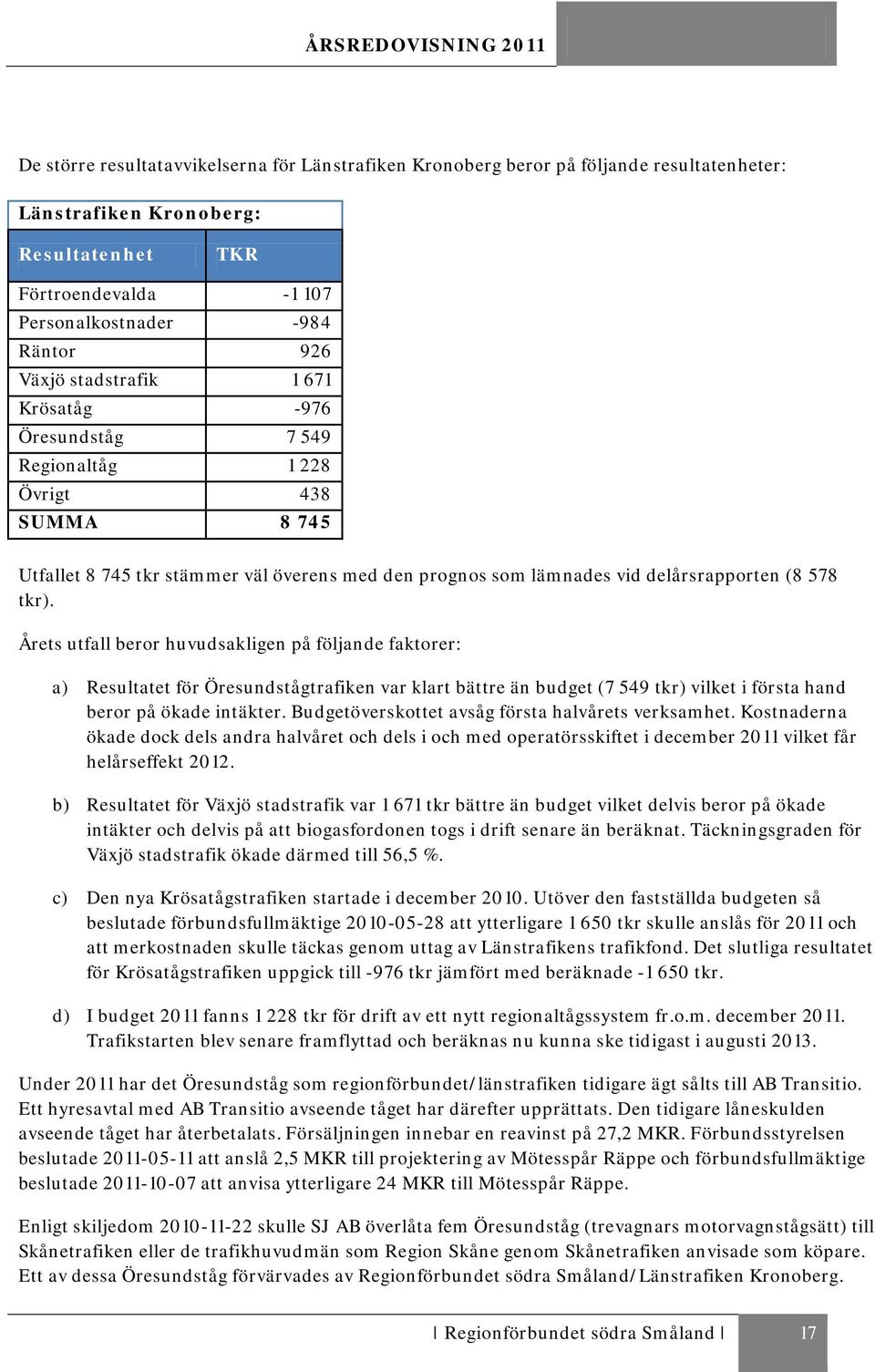 Årets utfall beror huvudsakligen på följande faktorer: a) Resultatet för Öresundstågtrafiken var klart bättre än budget (7 549 tkr) vilket i första hand beror på ökade intäkter.