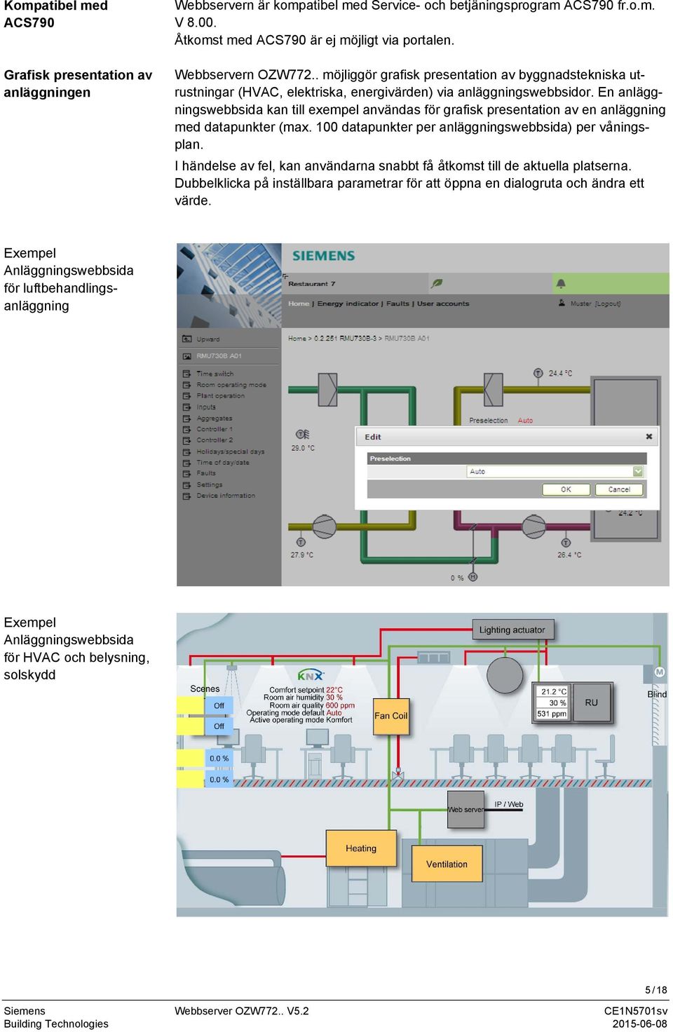 En anläggningswebbsida kan till exempel användas för grafisk presentation av en anläggning med datapunkter (max. 100 datapunkter per anläggningswebbsida) per våningsplan.