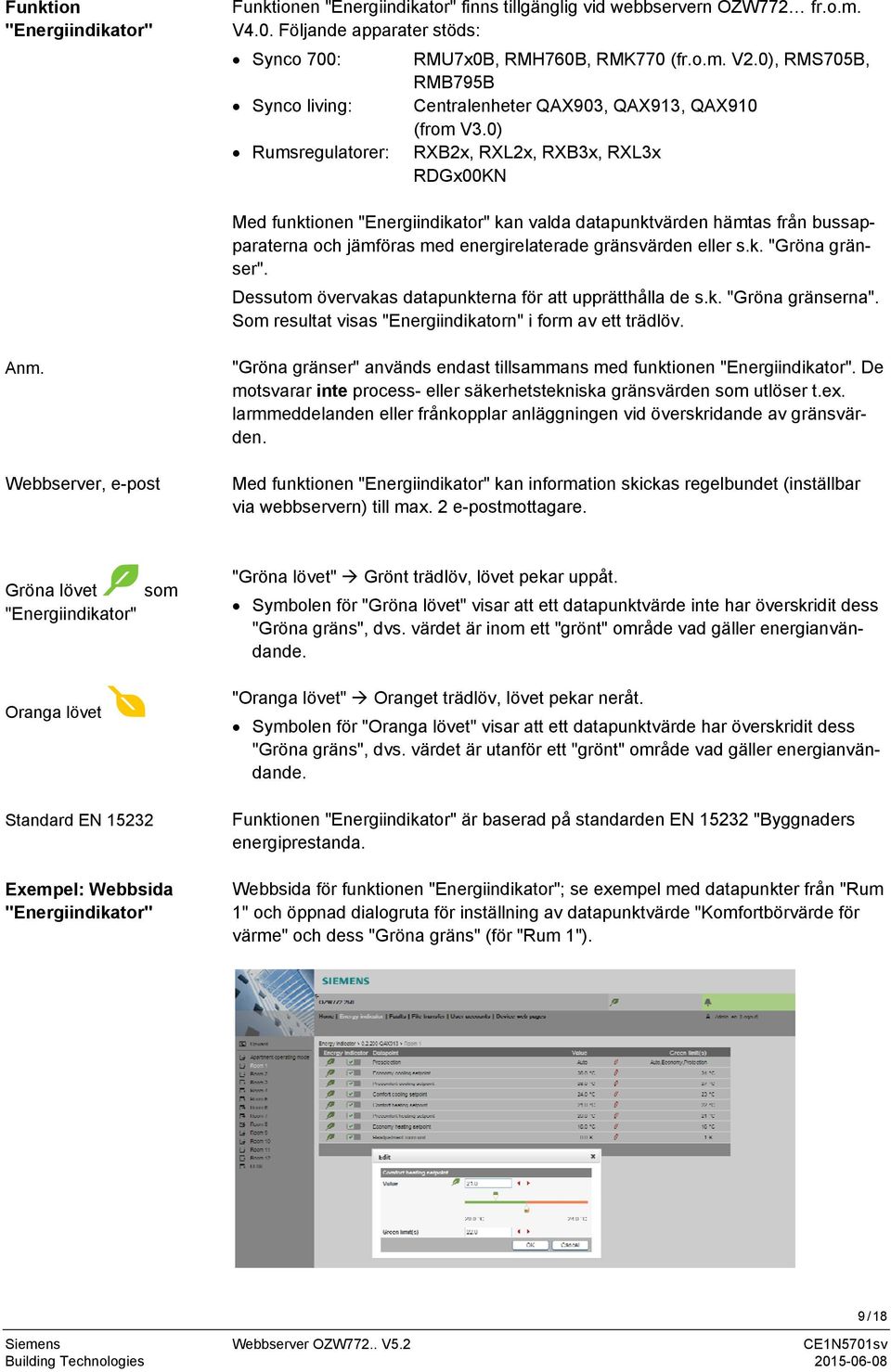 0) Rumsregulatorer: RXB2x, RXL2x, RXB3x, RXL3x RDGx00KN Med funktionen "Energiindikator" kan valda datapunktvärden hämtas från bussapparaterna och jämföras med energirelaterade gränsvärden eller s.k. "Gröna gränser".