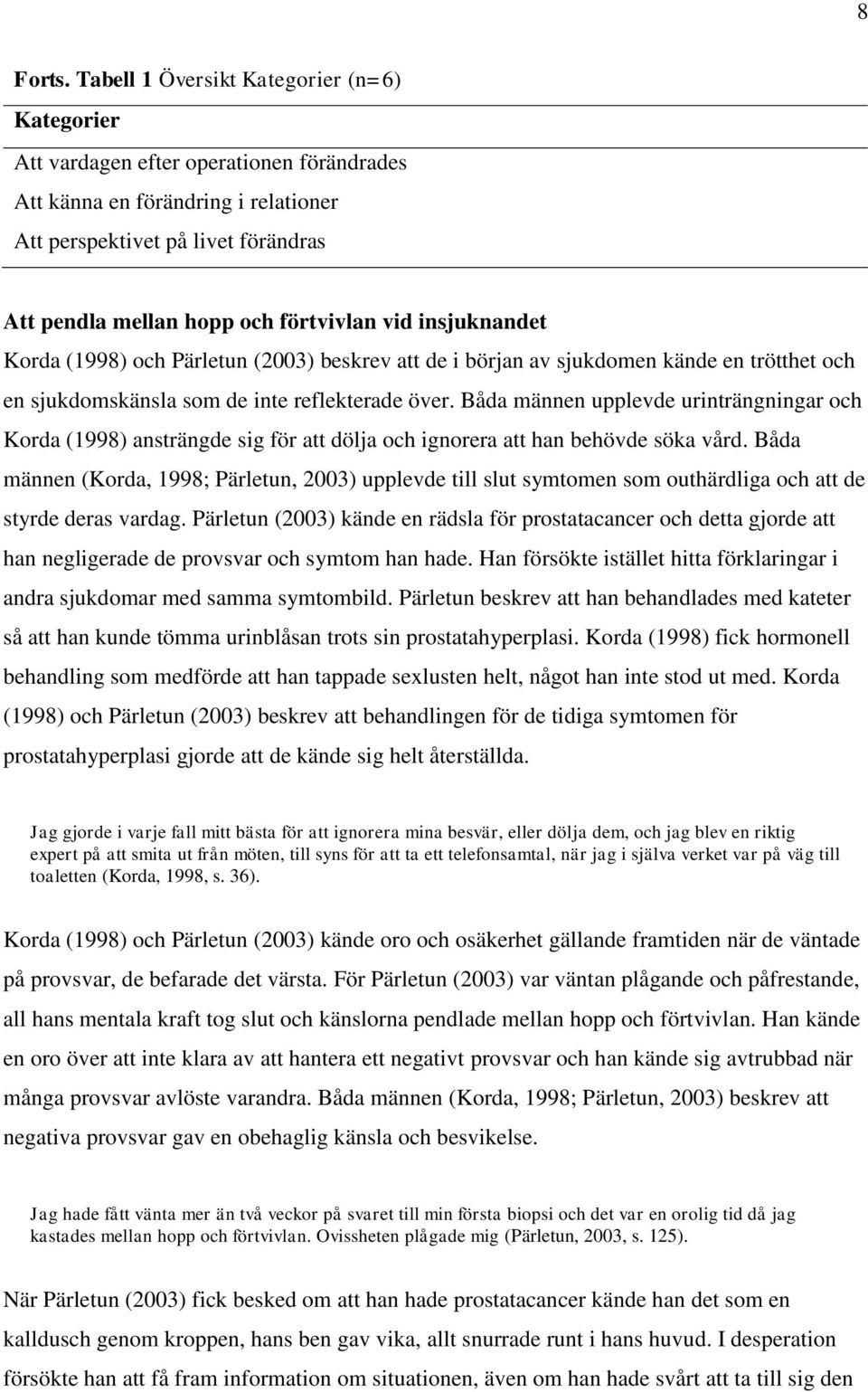 vid insjuknandet Korda (1998) och Pärletun (2003) beskrev att de i början av sjukdomen kände en trötthet och en sjukdomskänsla som de inte reflekterade över.