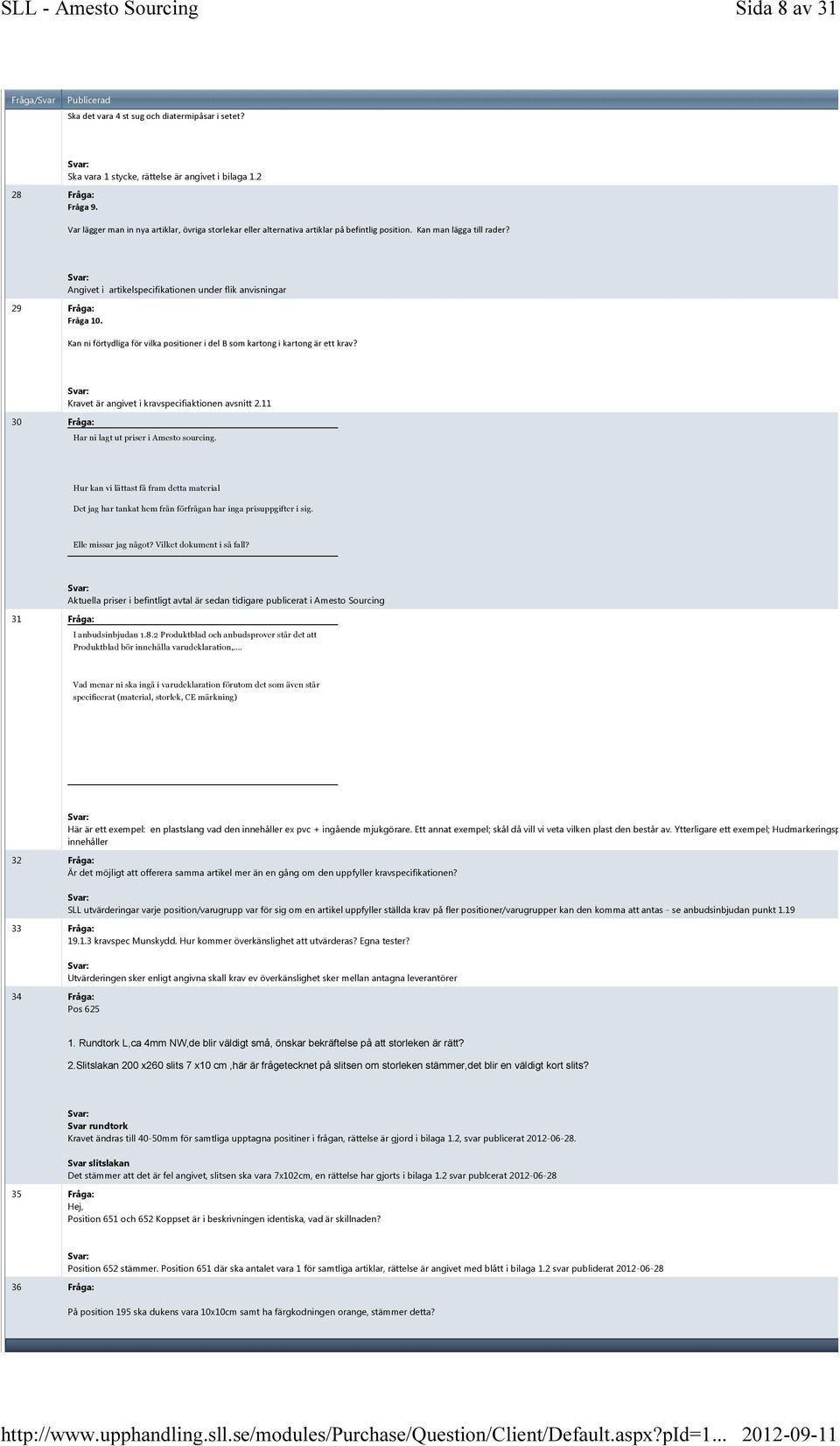 Angivet i artikelspecifikationen under flik anvisningar Kan ni förtydliga för vilka positioner i del B som kartong i kartong är ett krav? 30 Fråga: Kravet är angivet i kravspecifiaktionen avsnitt 2.