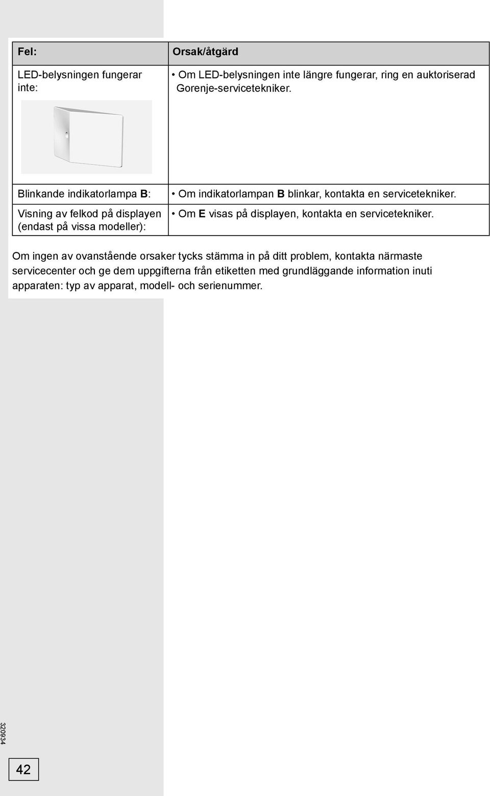 Visning av felkod på displayen (endast på vissa modeller): Om E visas på displayen, kontakta en servicetekniker.