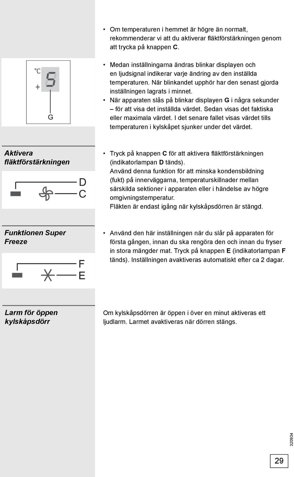 När apparaten slås på blinkar displayen G i några sekunder för att visa det inställda värdet. Sedan visas det faktiska eller maximala värdet.