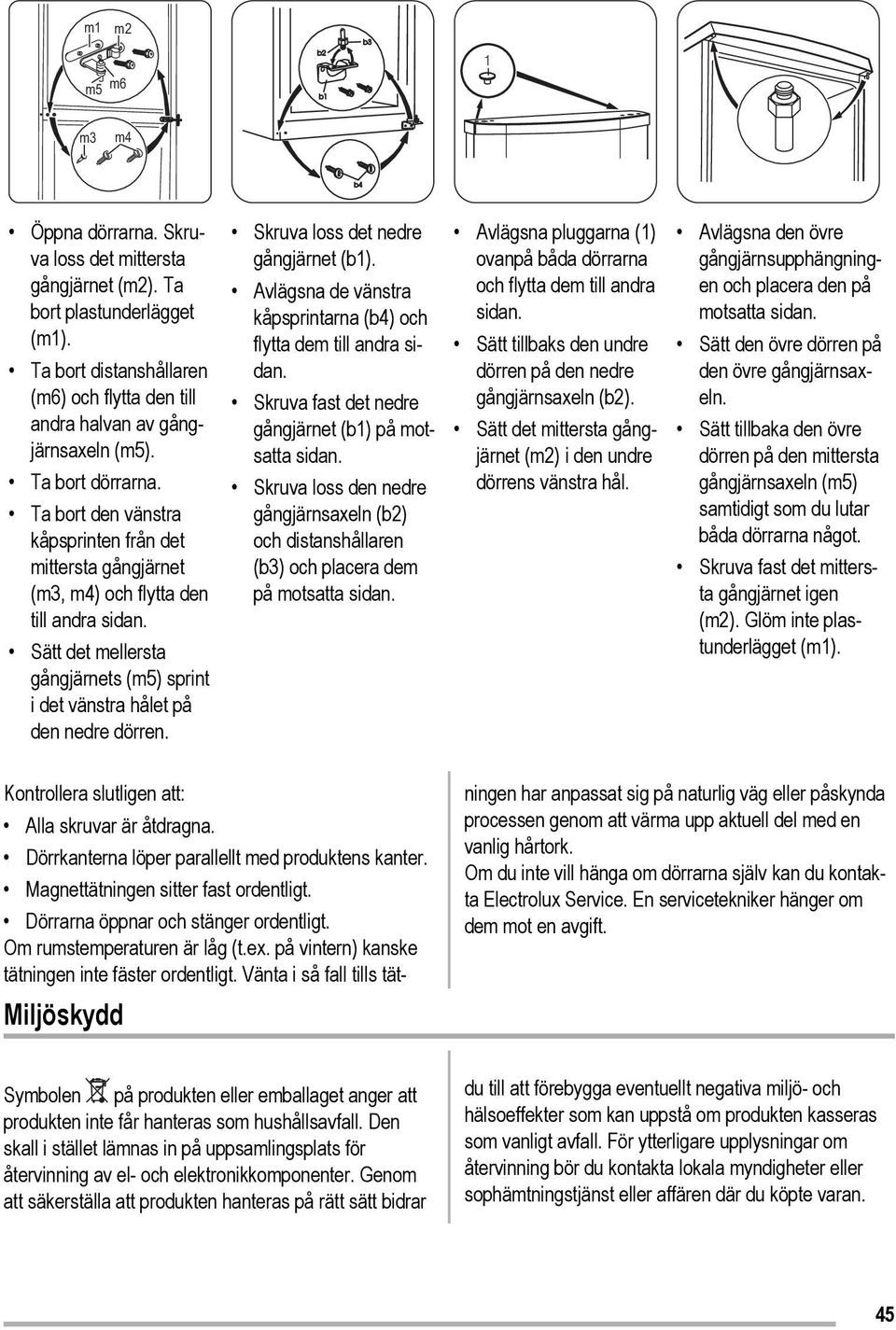 Sätt det mellersta gångjärnets (m5) sprint i det vänstra hålet på den nedre dörren. Skruva loss det nedre gångjärnet (b1). Avlägsna de vänstra kåpsprintarna (b4) och flytta dem till andra sidan.