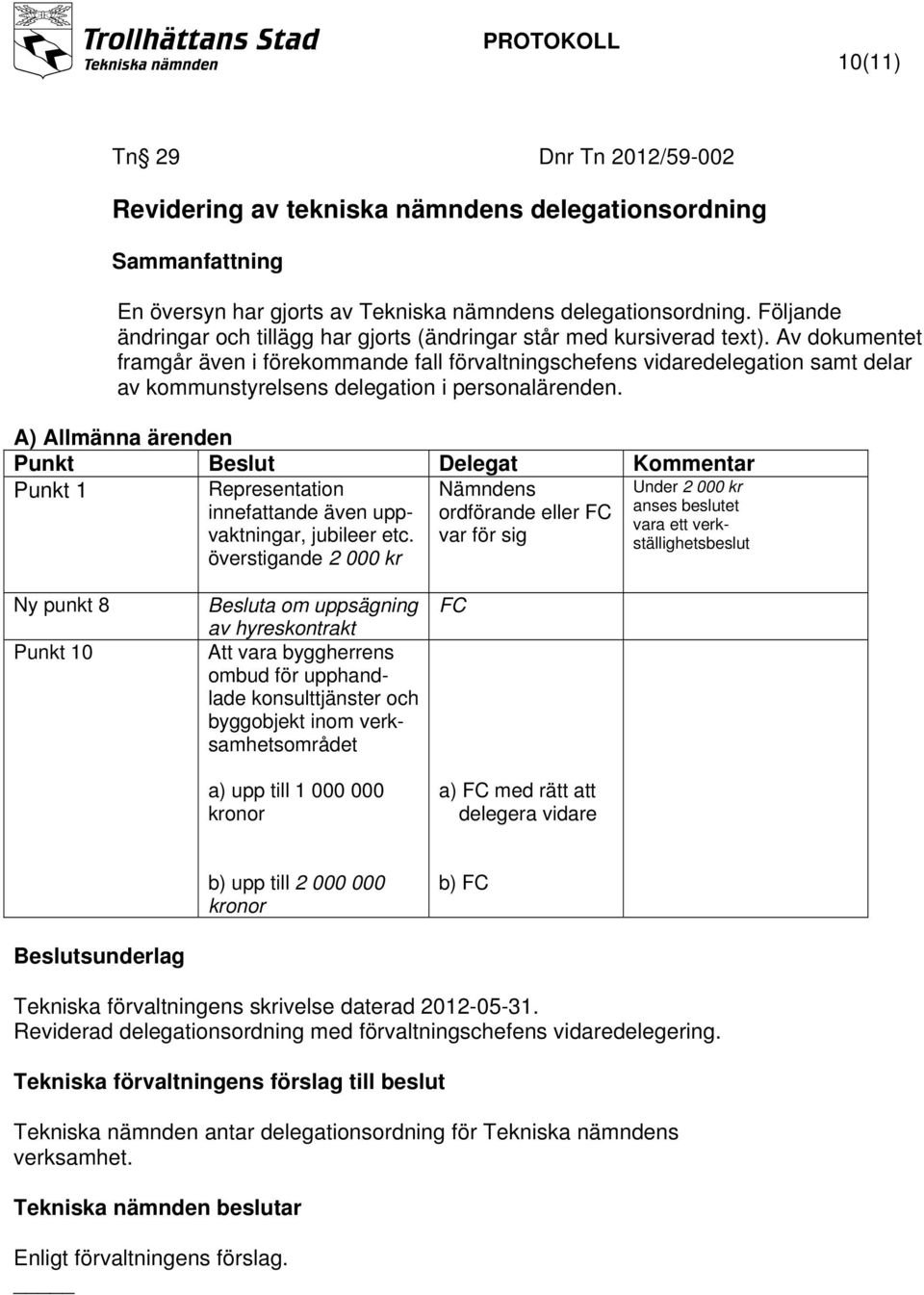 Av dokumentet framgår även i förekommande fall förvaltningschefens vidaredelegation samt delar av kommunstyrelsens delegation i personalärenden.