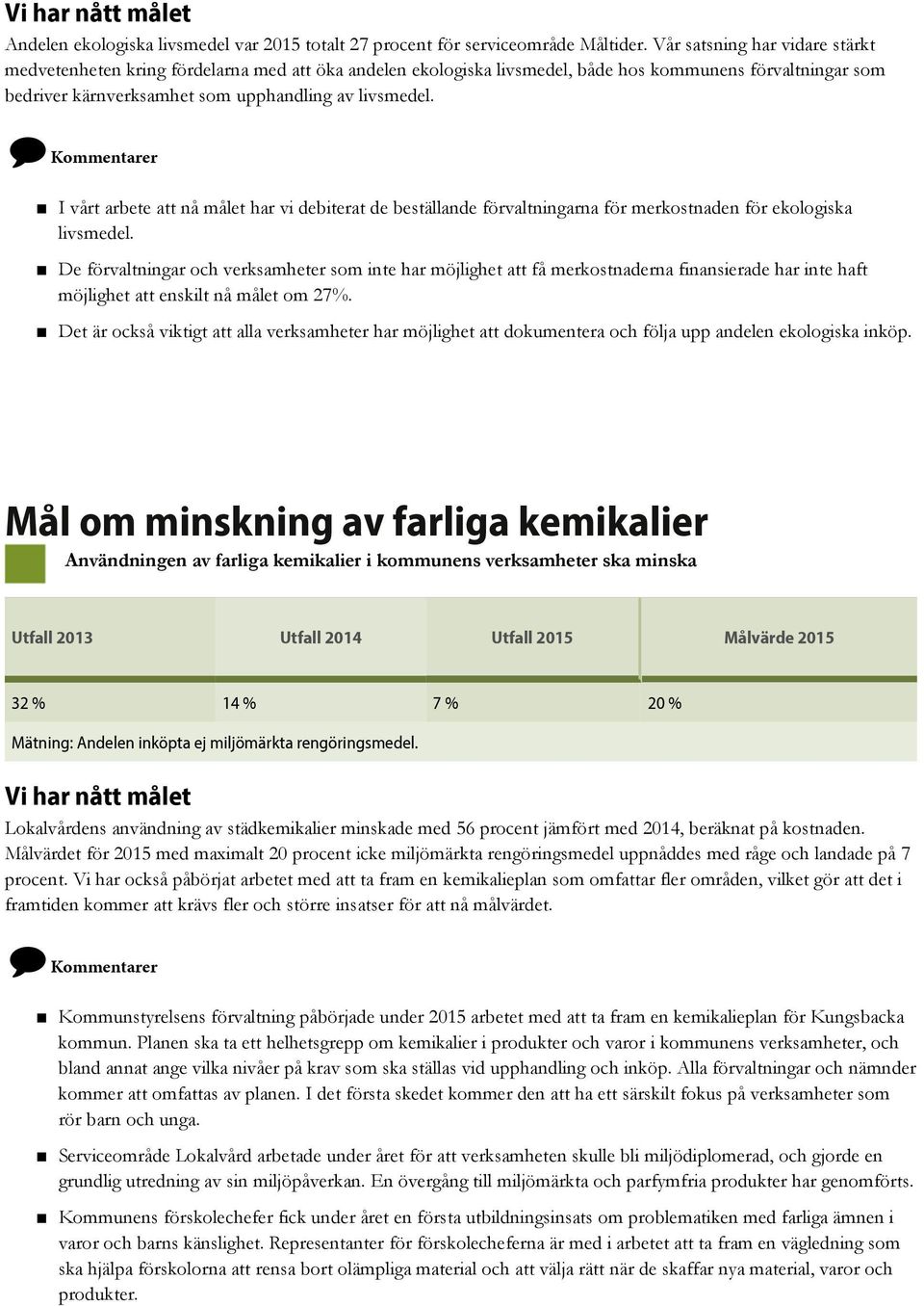 Kommentarer I vårt arbete att nå målet har vi debiterat de beställande förvaltningarna för merkostnaden för ekologiska livsmedel.