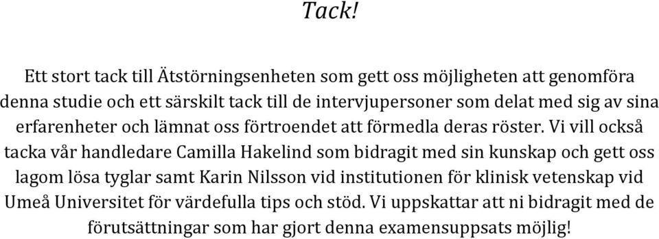 Vi vill också tacka vår handledare Camilla Hakelind som bidragit med sin kunskap och gett oss lagom lösa tyglar samt Karin Nilsson vid