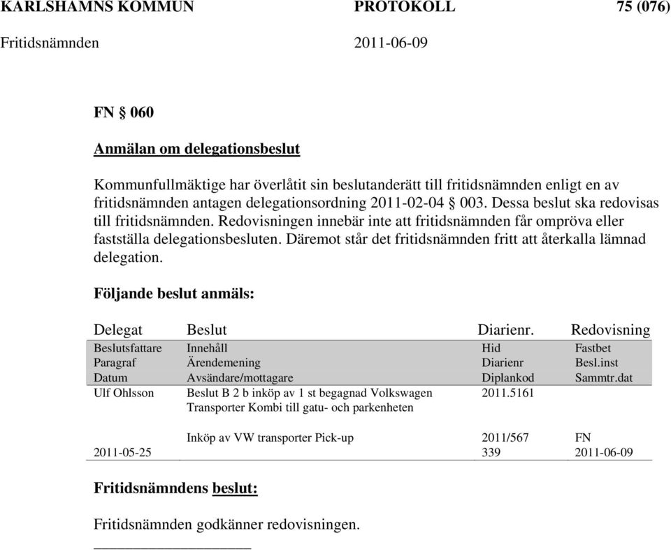 Däremot står det fritidsnämnden fritt att återkalla lämnad delegation. Följande beslut anmäls: Delegat Beslut Diarienr.