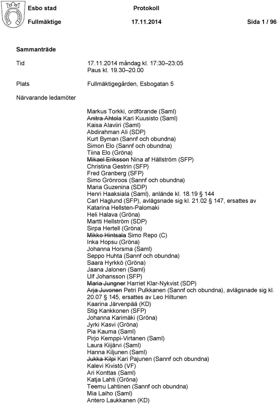 obundna) Simon Elo (Sannf och obundna) Tiina Elo (Gröna) Mikael Eriksson Nina af Hällström (SFP) Christina Gestrin (SFP) Fred Granberg (SFP) Simo Grönroos (Sannf och obundna) Maria Guzenina (SDP)