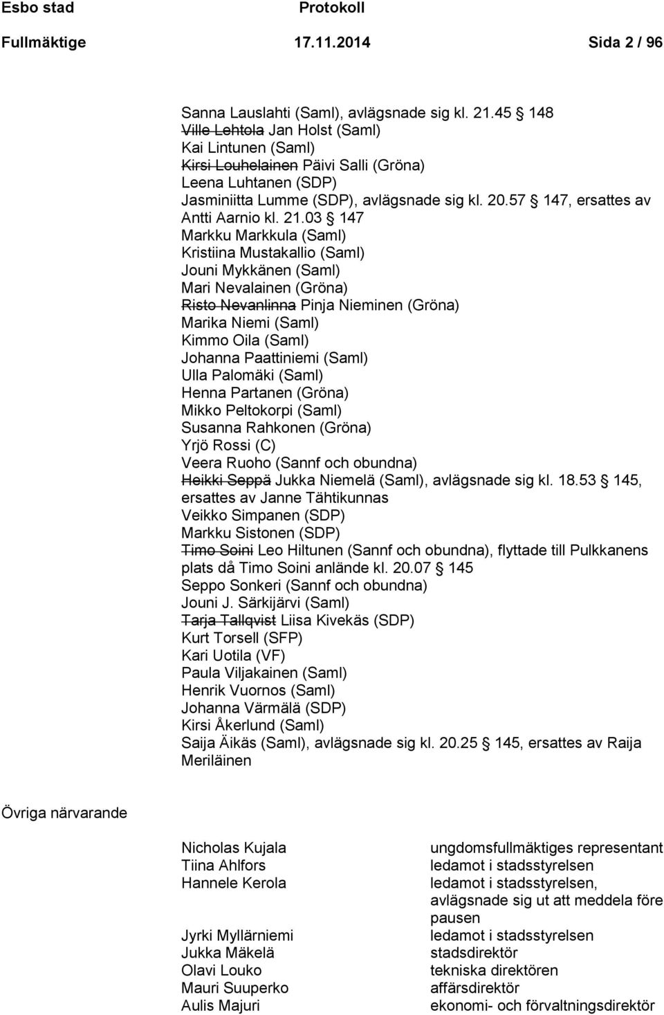 21.03 147 Markku Markkula (Saml) Kristiina Mustakallio (Saml) Jouni Mykkänen (Saml) Mari Nevalainen (Gröna) Risto Nevanlinna Pinja Nieminen (Gröna) Marika Niemi (Saml) Kimmo Oila (Saml) Johanna