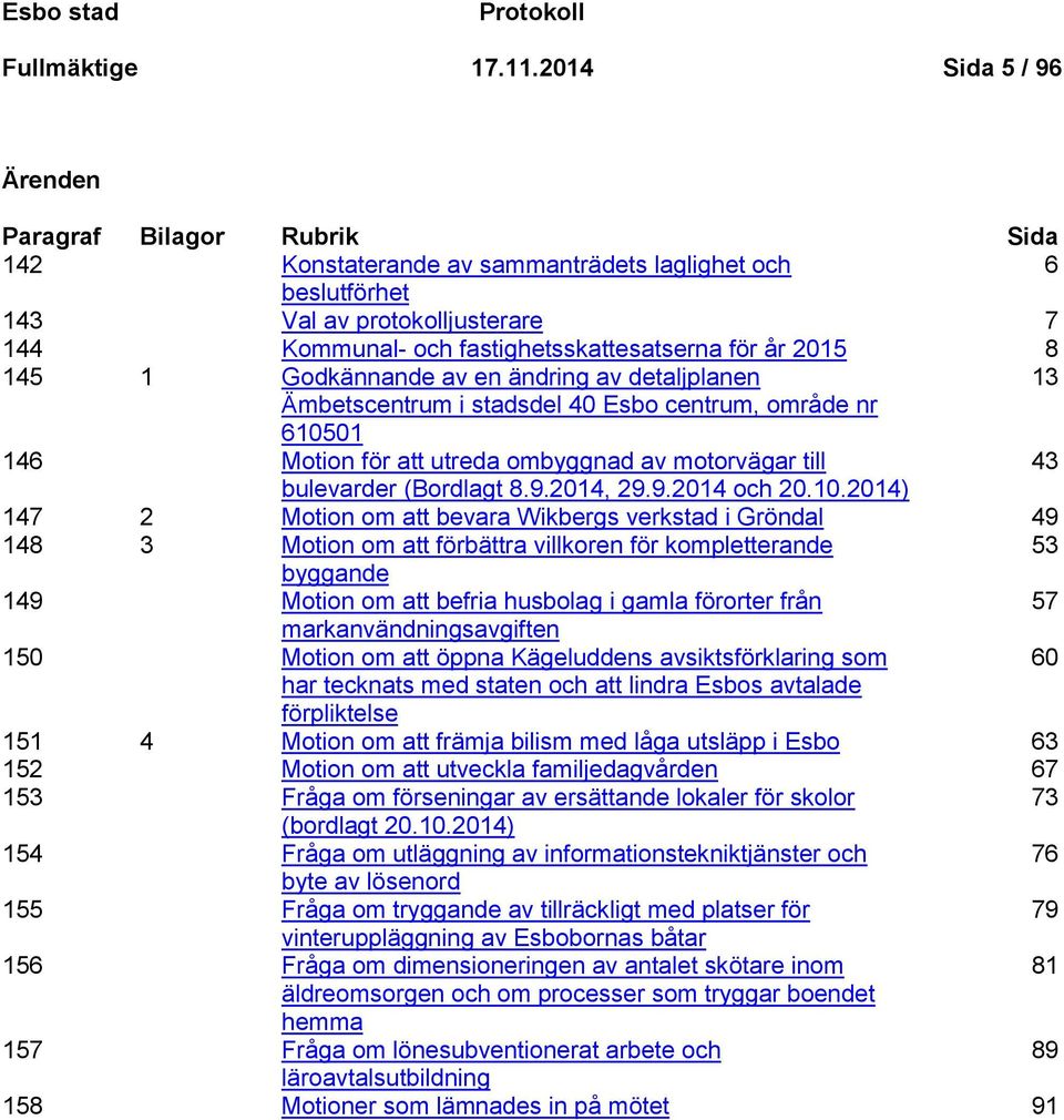 2015 8 145 1 Godkännande av en ändring av detaljplanen 13 Ämbetscentrum i stadsdel 40 Esbo centrum, område nr 610501 146 Motion för att utreda ombyggnad av motorvägar till 43 bulevarder (Bordlagt 8.9.