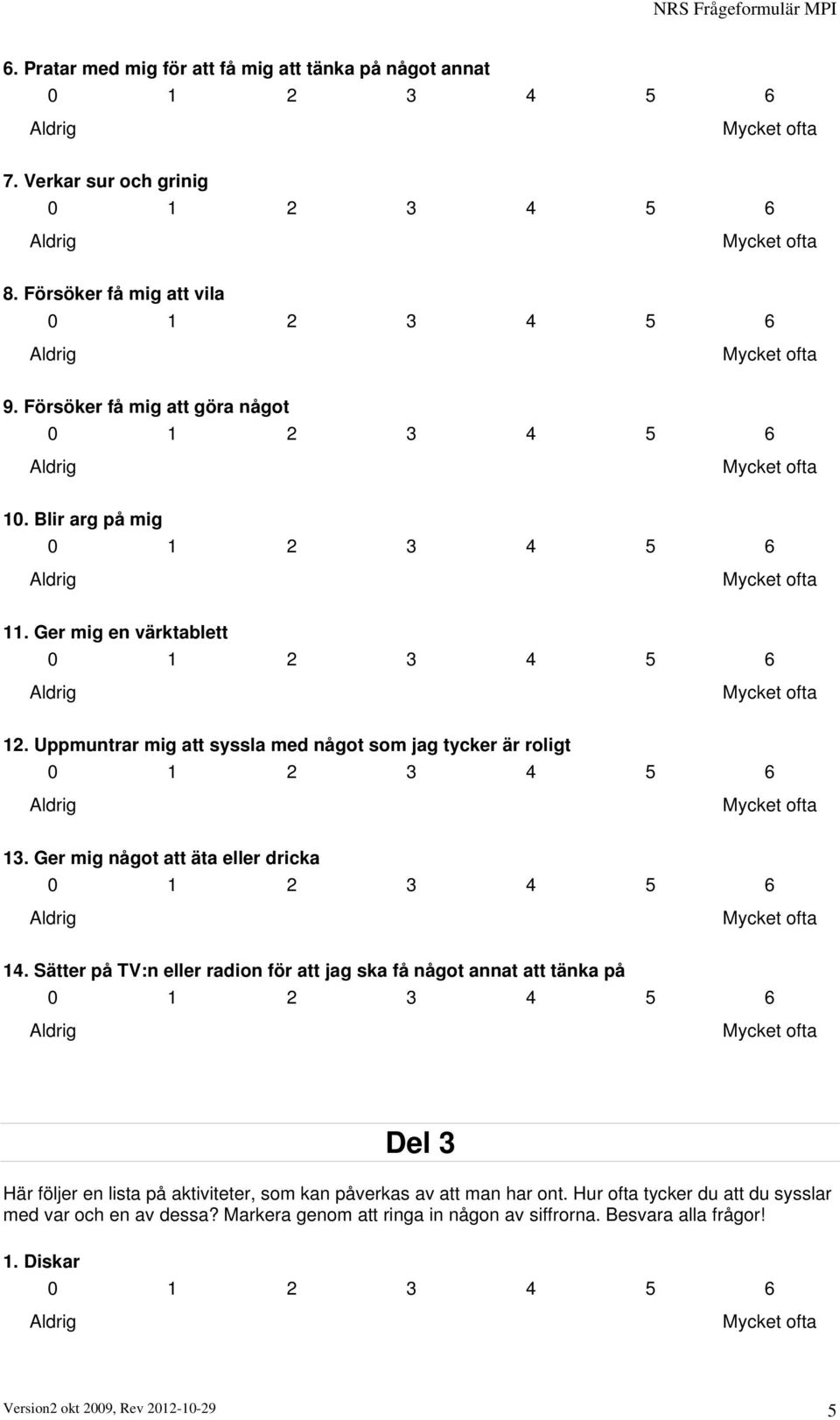 Sätter på TV:n eller radion för att jag ska få något annat att tänka på Del 3 Här följer en lista på aktiviteter, som kan påverkas av att man har ont.