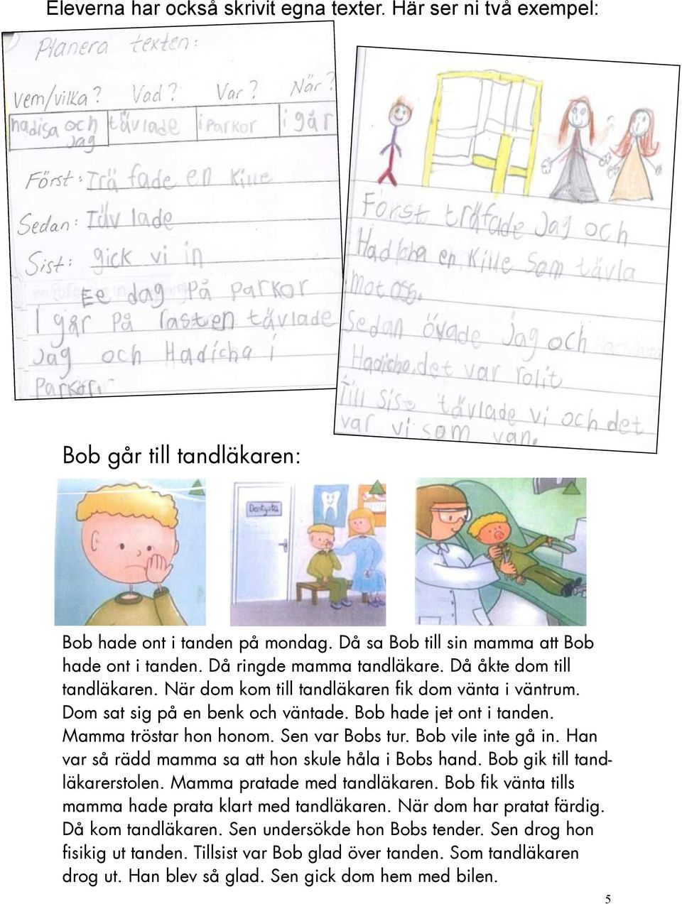 Sen var Bobs tur. Bob vile inte gå in. Han var så rädd mamma sa att hon skule håla i Bobs hand. Bob gik till tandläkarerstolen. Mamma pratade med tandläkaren.