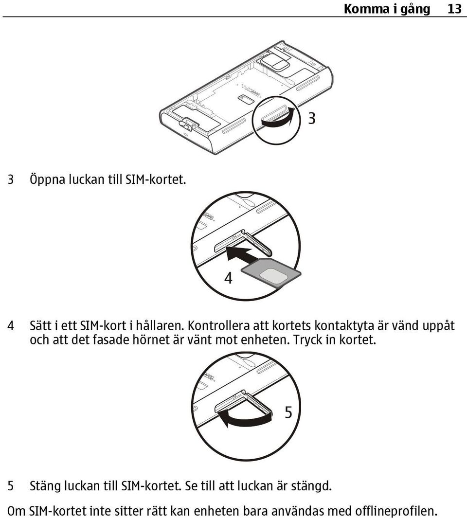 mot enheten. Tryck in kortet. 5 Stäng luckan till SIM-kortet.