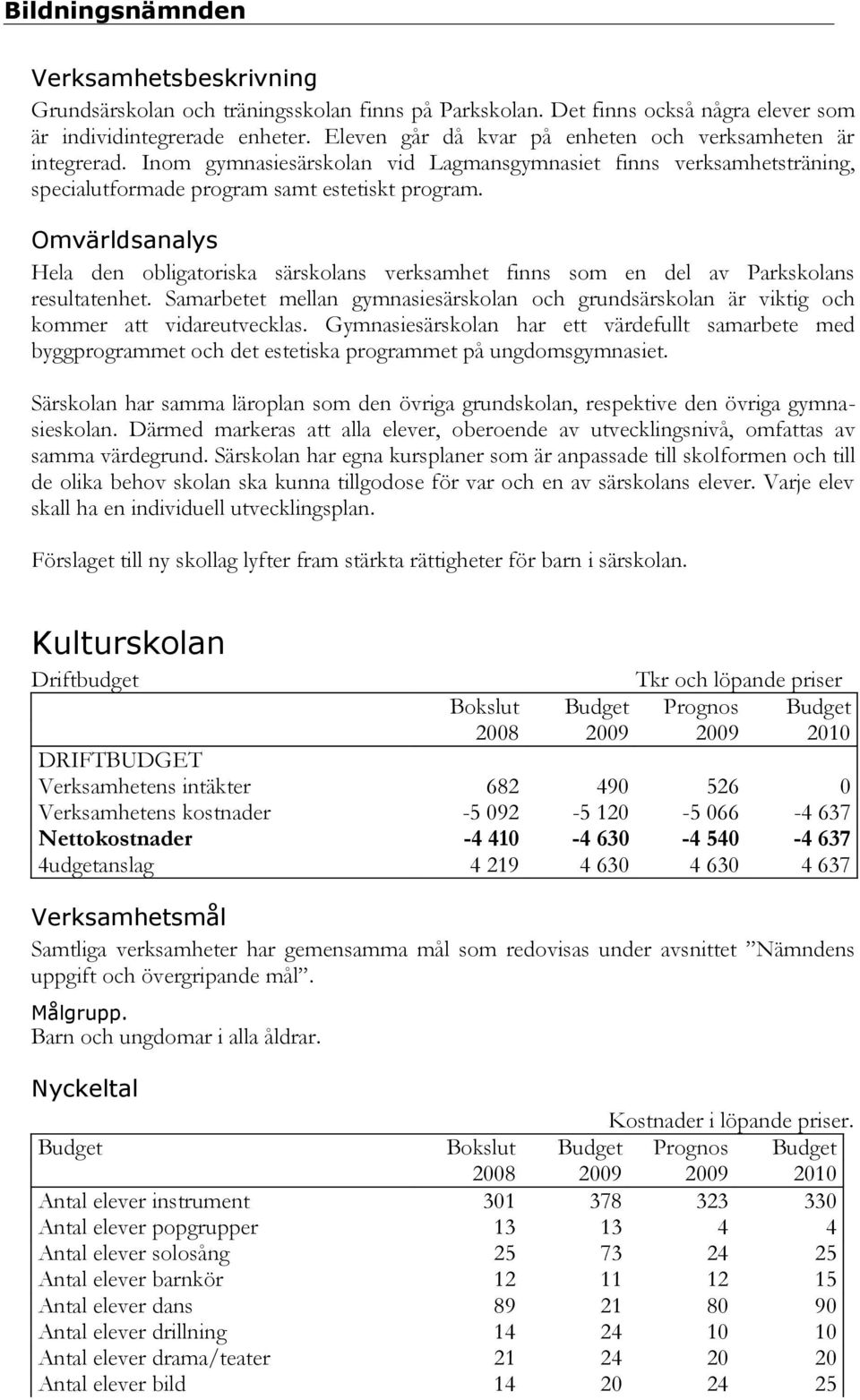 Omvärldsanalys Hela den obligatoriska särskolans verksamhet finns som en del av Parkskolans resultatenhet.