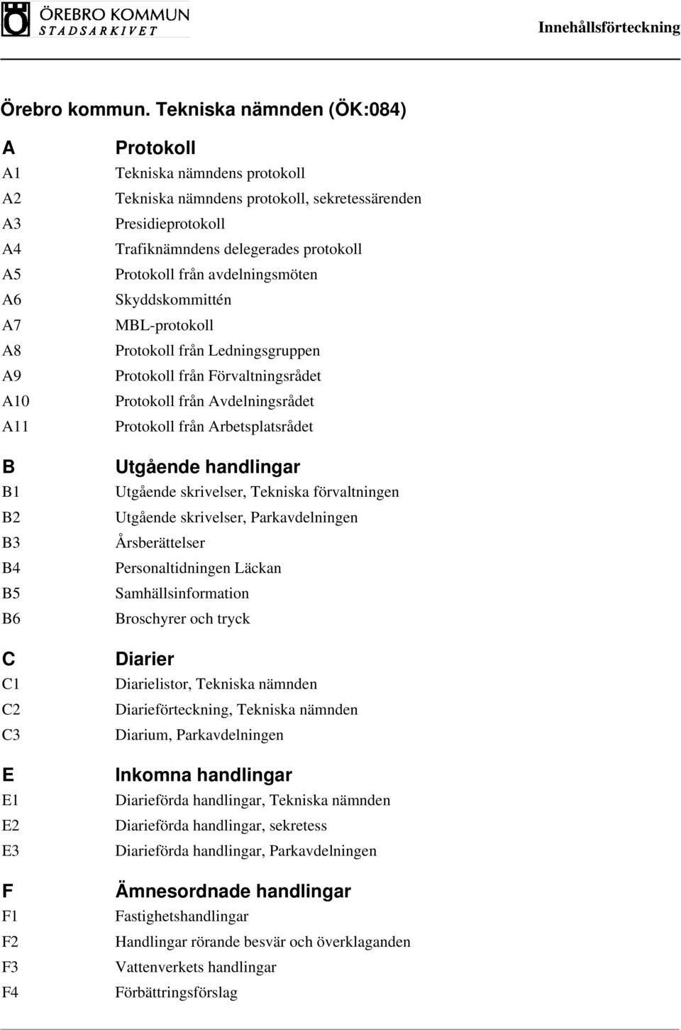 Avdelningsrådet Protokoll från Arbetsplatsrådet Utgående handlingar Utgående skrivelser, Tekniska förvaltningen Utgående skrivelser, Parkavdelningen Årsberättelser Personaltidningen Läckan