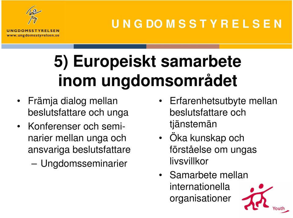 Ungdomsseminarier Erfarenhetsutbyte mellan beslutsfattare och tjänstemän Öka