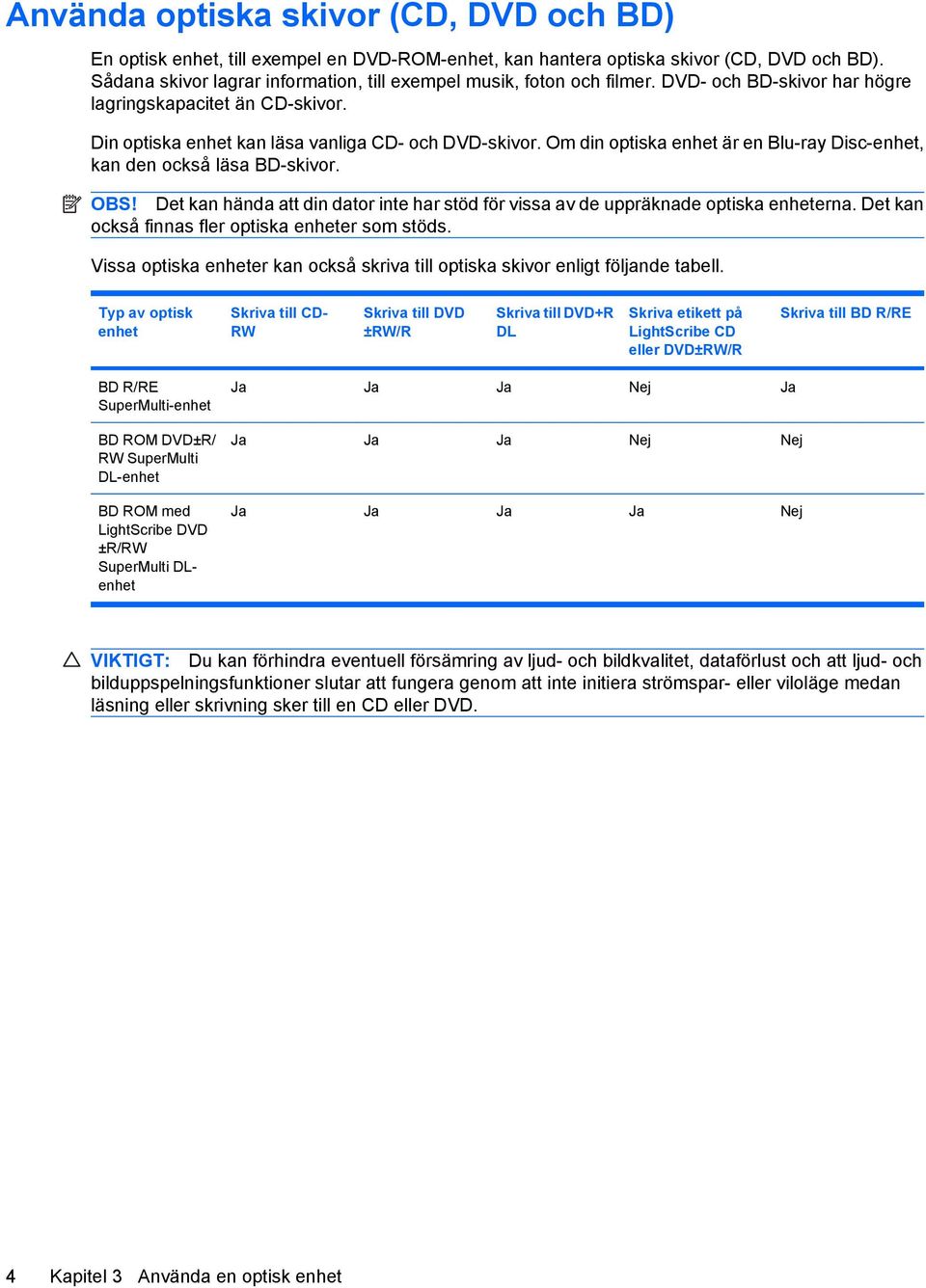 Om din optiska enhet är en Blu-ray Disc-enhet, kan den också läsa BD-skivor. OBS! Det kan hända att din dator inte har stöd för vissa av de uppräknade optiska enheterna.