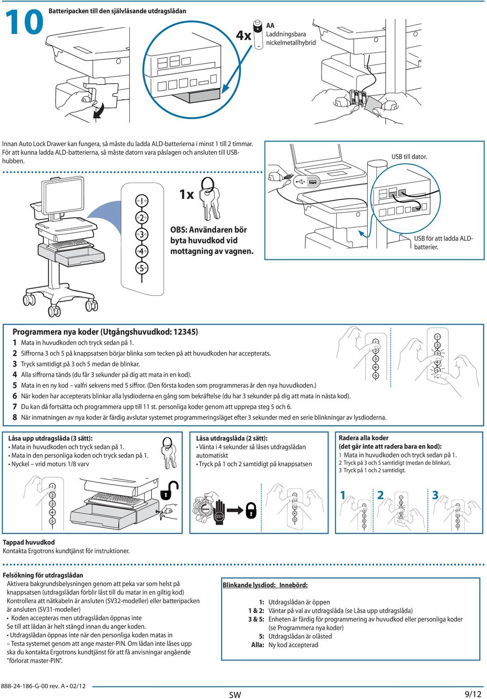 USB för att ladda ALDbatterier. Programmera nya koder (Utgångshuvudkod: 12345) 1 Mata in huvudkoden och tryck sedan på 1.