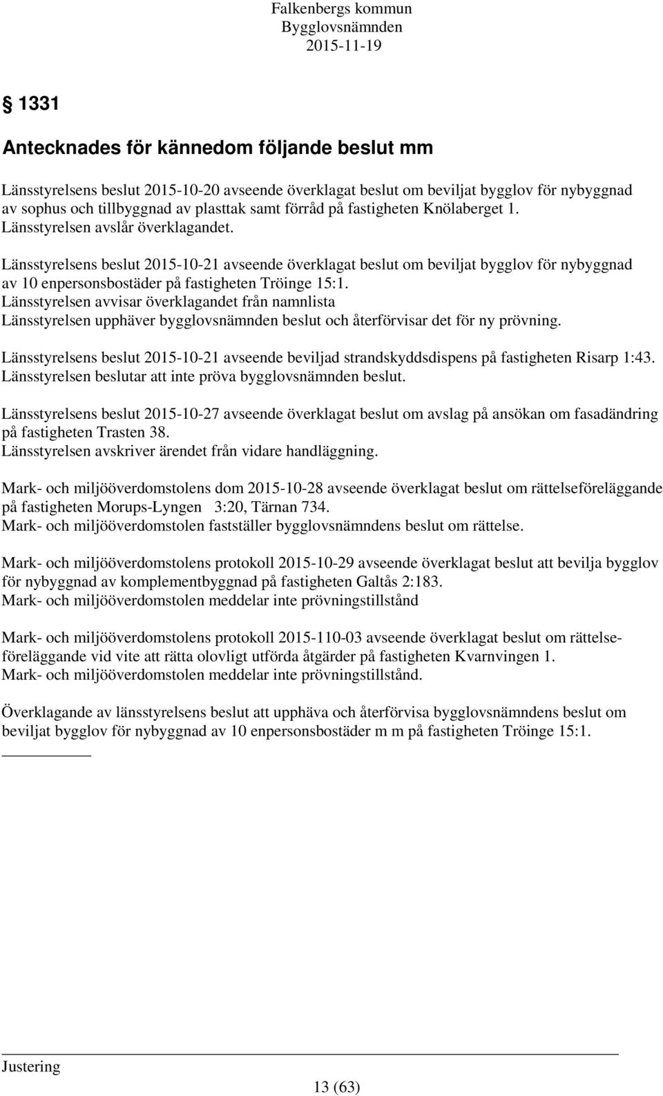 Länsstyrelsens beslut 2015-10-21 avseende överklagat beslut om beviljat bygglov för nybyggnad av 10 enpersonsbostäder på fastigheten Tröinge 15:1.