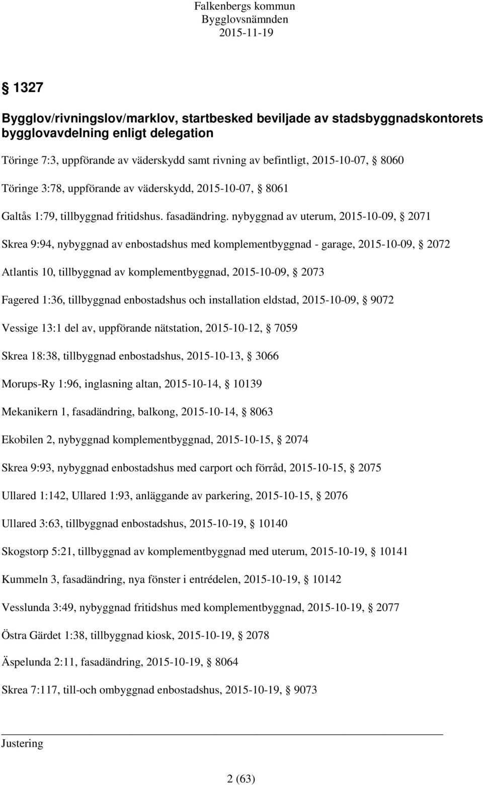 nybyggnad av uterum, 2015-10-09, 2071 Skrea 9:94, nybyggnad av enbostadshus med komplementbyggnad - garage, 2015-10-09, 2072 Atlantis 10, tillbyggnad av komplementbyggnad, 2015-10-09, 2073 Fagered