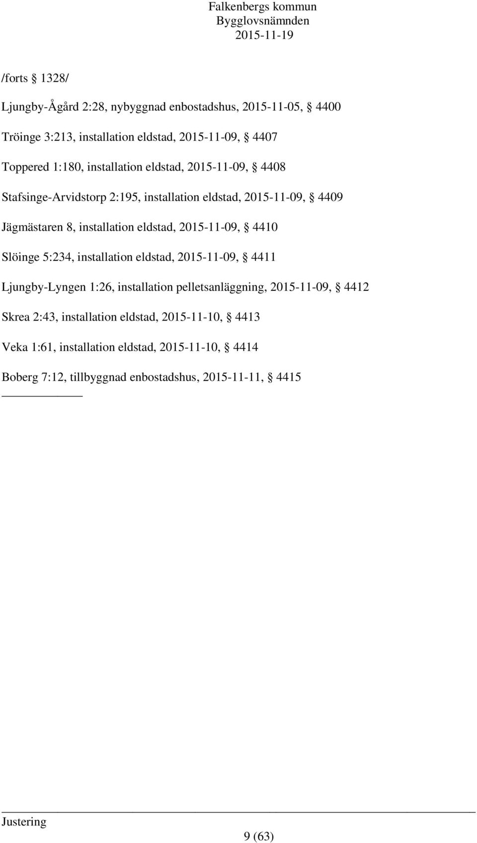 2015-11-09, 4410 Slöinge 5:234, installation eldstad, 2015-11-09, 4411 Ljungby-Lyngen 1:26, installation pelletsanläggning, 2015-11-09, 4412 Skrea