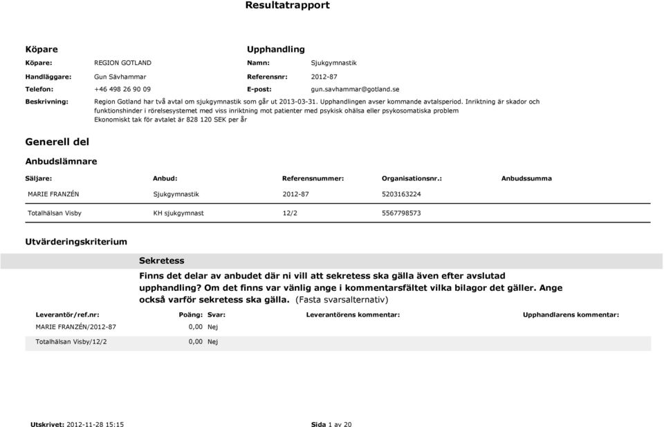 Inriktning är skador och funktionshinder i rörelsesystemet med viss inriktning mot patienter med psykisk ohälsa eller psykosomatiska problem Ekonomiskt tak för avtalet är 828 120 SEK per år Generell