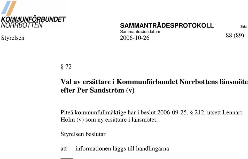 kommunfullmäktige har i beslut 2006-09-25, 212, utsett Lennart