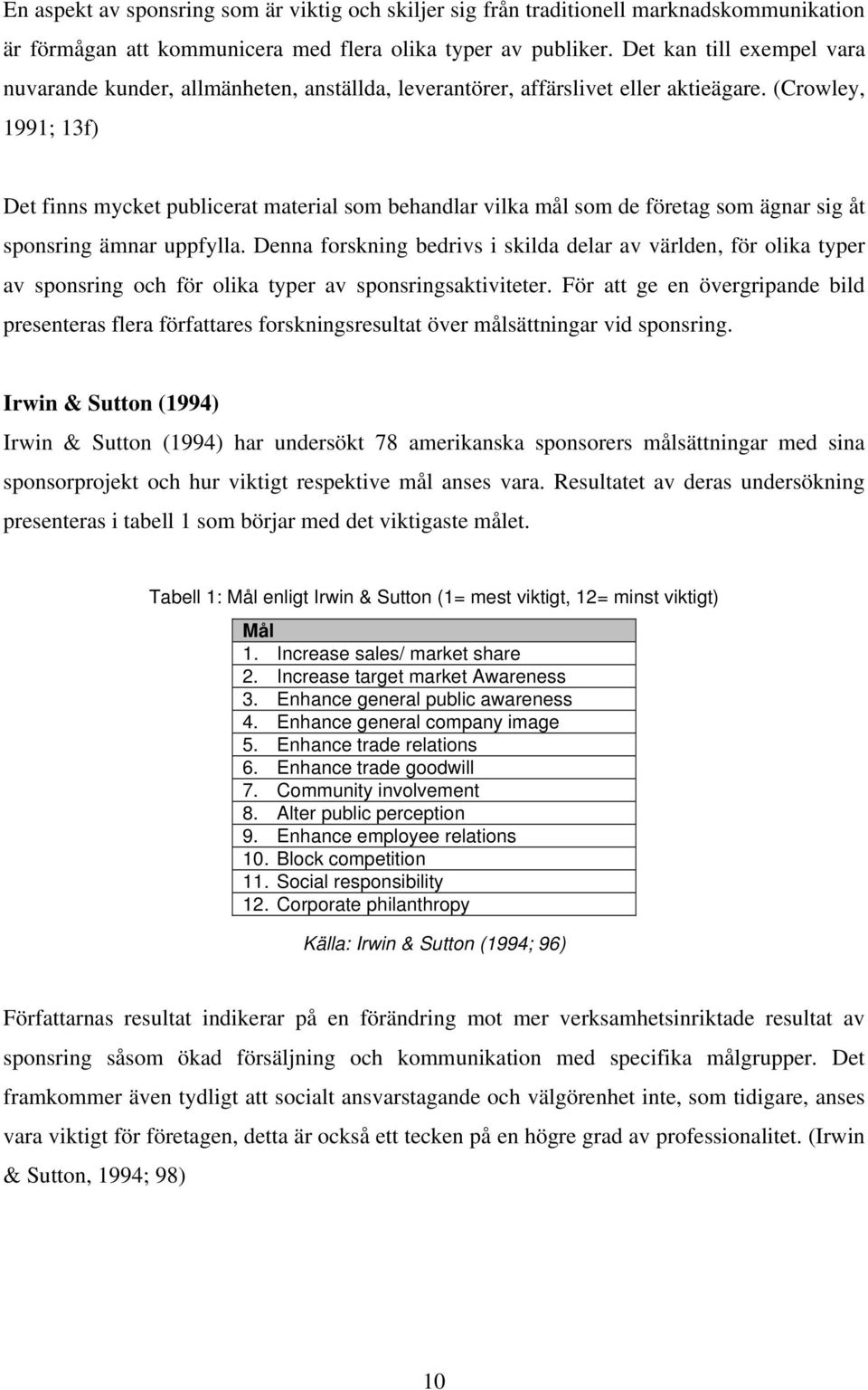 (Crowley, 1991; 13f) Det finns mycket publicerat material som behandlar vilka mål som de företag som ägnar sig åt sponsring ämnar uppfylla.