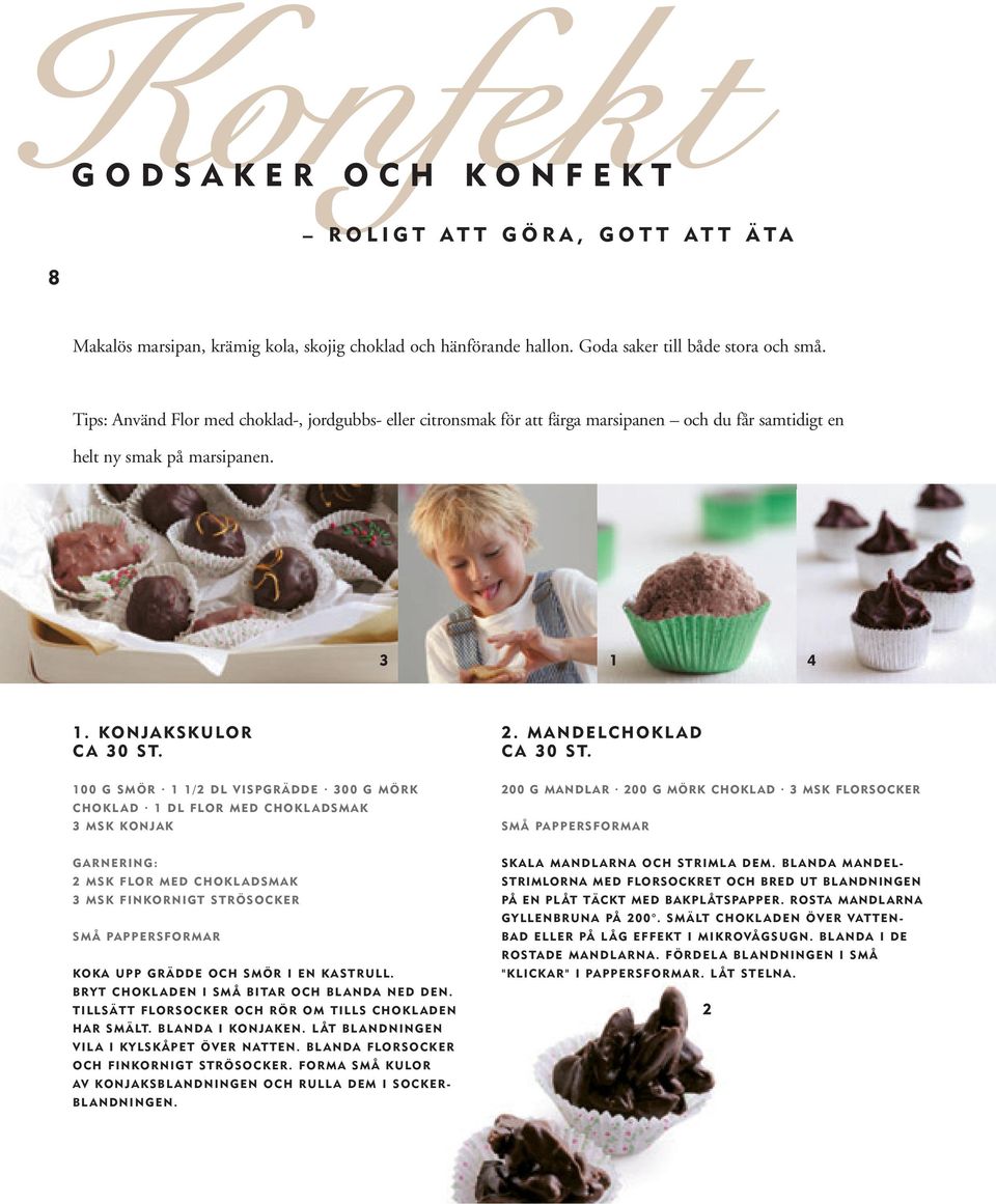 100 G SMÖR 1 1/2 DL VISPGRÄDDE 300 G MÖRK CHOKL AD 1 DL FLOR MED CHOKL ADSMAK 3 MSK KONJAK 200 G MANDL AR 200 G MÖRK CHOKL AD 3 MSK FLORSOCKER SMÅ PAPPERSFORMAR GARNERING: 2 MSK FLOR MED CHOKL ADSMAK