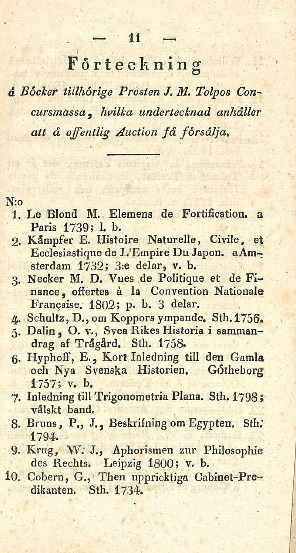 Vues de Politique et de Finance, offertes a la Convention Nationale Francjaise. 1802; p. b. 3 delar. 4. Schultz, D., om Koppors ympande. Sth. 1756. 5, Dalin, O. v.