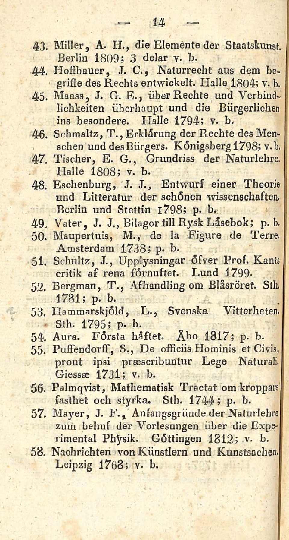 J., EntwurF einer Theorie und Litteratur der schönen wissenschaften. 49 50. Beidin und Stettin l798; p. b. Yater, J. J., Bilagor tili Rysk Låsebok; p. b. Maupertuis, M., de la Figure de Terre.